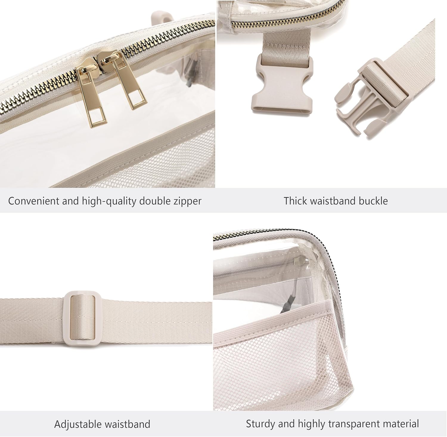 Clear Belt Bag Clear fanny pack stadium approved for Women Men with Adjustable Strap Crossbody Bag Waist Bag for Concerts Sports Travelling Hiking Running (BEIGE)