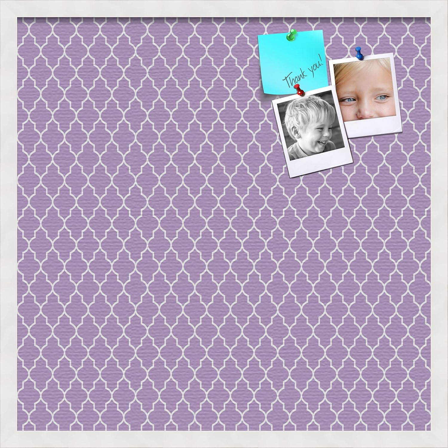 PinPix 24x24 Custom Cork Bulletin Board Quatrefoil Lt Pur Poster Board with a Canvas Style Photo Board, Framed in Satin White Frame (PinPix-489)