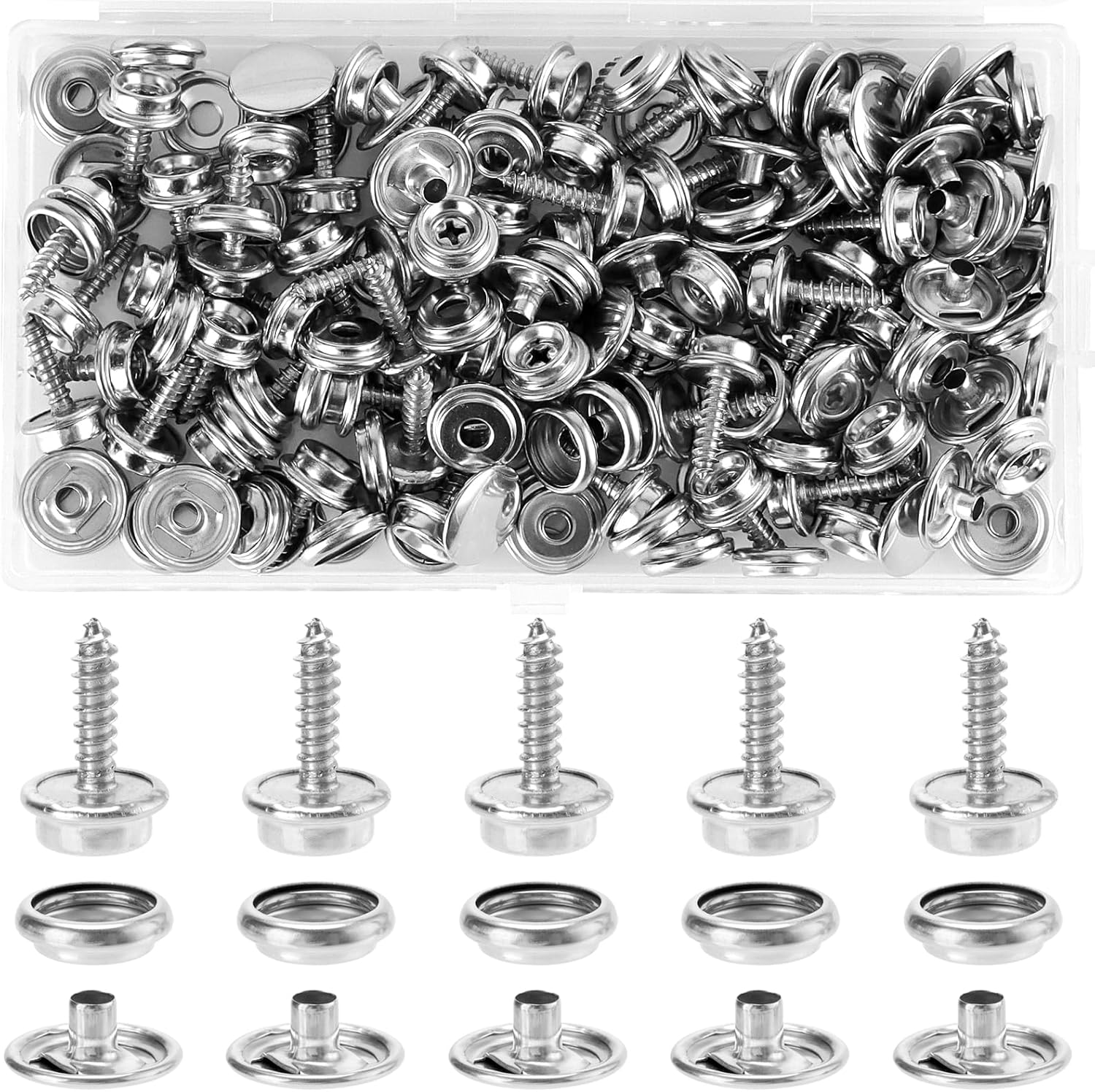 MOUYAT 300 PCS Stainless Steel Snaps Fastener, 15mm Canvas Snap Kit,Silver Metal Snap Button Kit for Canvas, Marine Fabric, Leather, Outdoor Sunshade Fabric