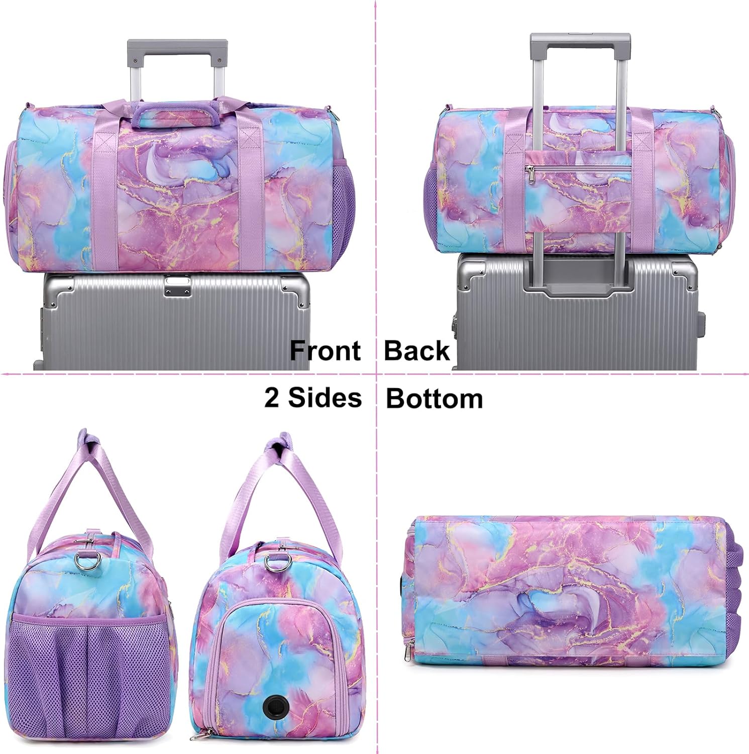 Gym Sports Duffle Bag Dance Ballet Bags with Separate Dry Wet Pocket and Shoes Compartment Weekender Overnight Travel Foldable Bag for Girls Teen Women(Purple) - Image 3