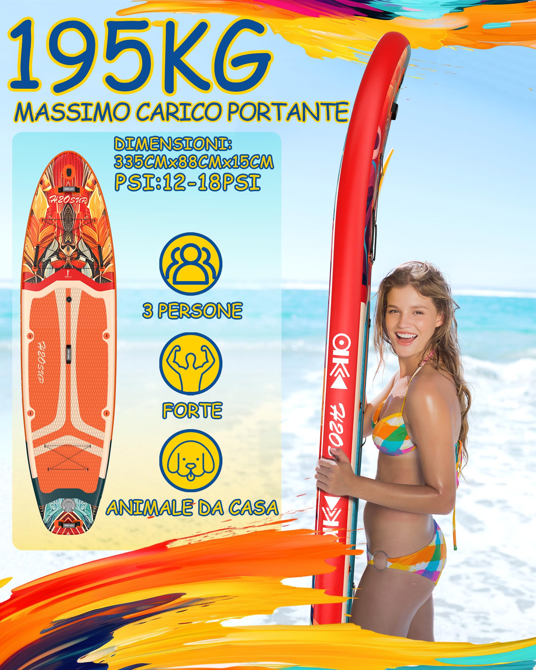 H2OSUP Tavola Sup Gonfiabile - 335 * 88cm Stand Up Paddle con Accessori Premium, Superstabilità Sup Gonfiabile, Paddle Boards Adulti con Capacità di 200KG per 3 Persone