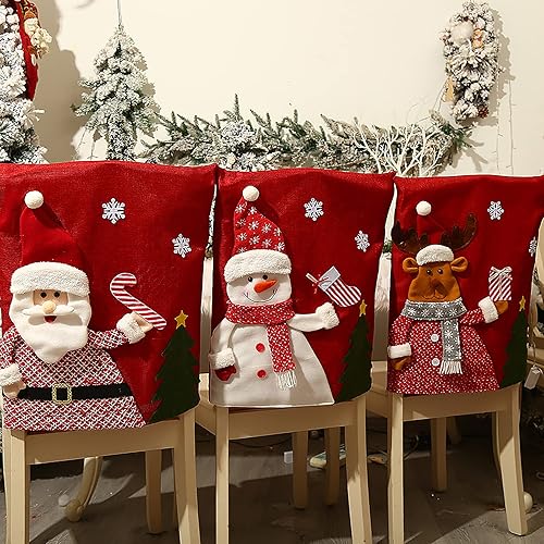 IUIBMI Juego de 6 fundas navideñas para sillas de Navidad, fundas para respaldos de sillas de Navidad, sombrero rojo 3D, Papá Noel, muñeco de nieve,