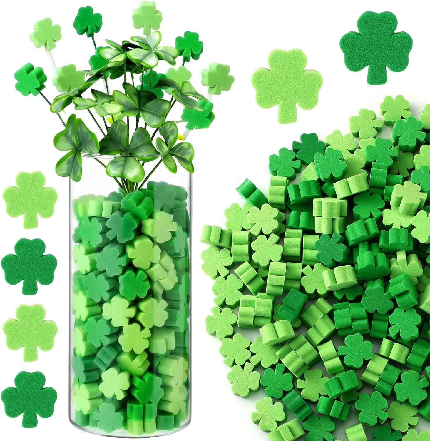Qinyoung 200 Pcs St. Patrick's Day Vase Filler Bulk St. Patrick's Day Decoration Irish Green Shamrocks Sponge Ornament Clover Table Scatter Decor Lucky Shamrocks Foam Vase Topper for Party Home Decor