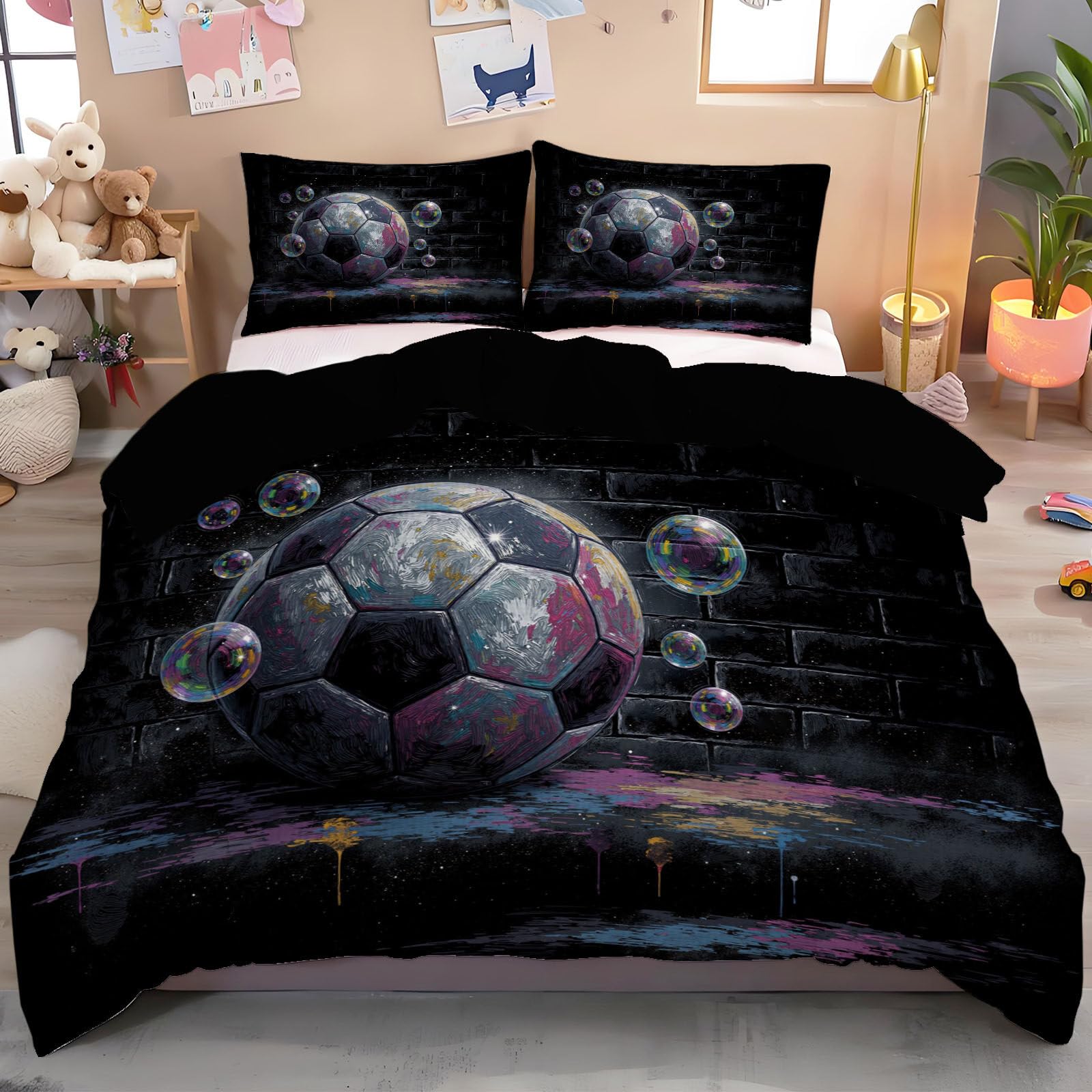 Housse de couette football 3D graffiti noir 200x200 cm avec ses taies d'oreiller