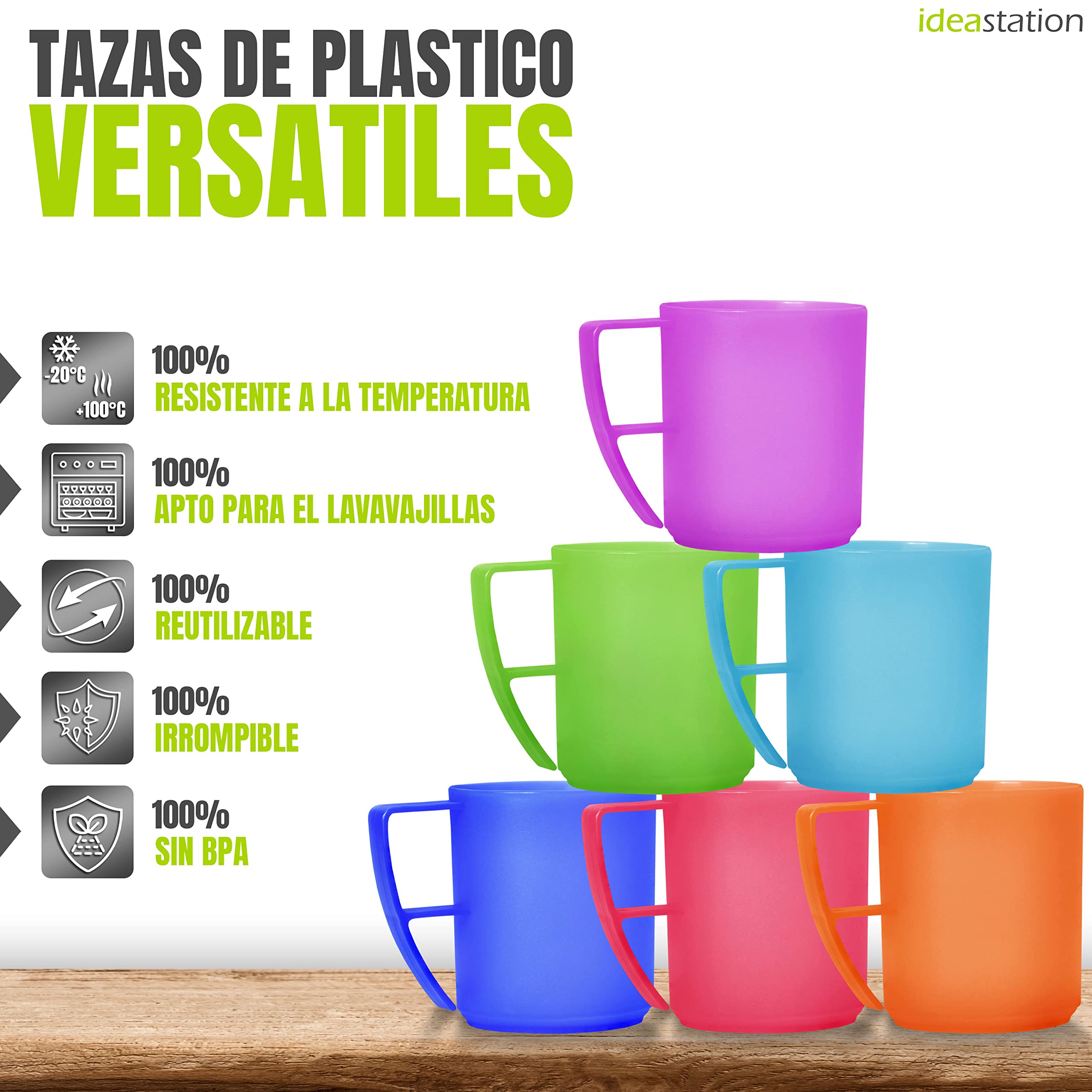 NEO Juego de 6 tazas de plástico para camping, 6x 350 ml - COLORES - taza de café o té irrompibles - tazas de plástico con asas ideales para llevar, vajilla camping