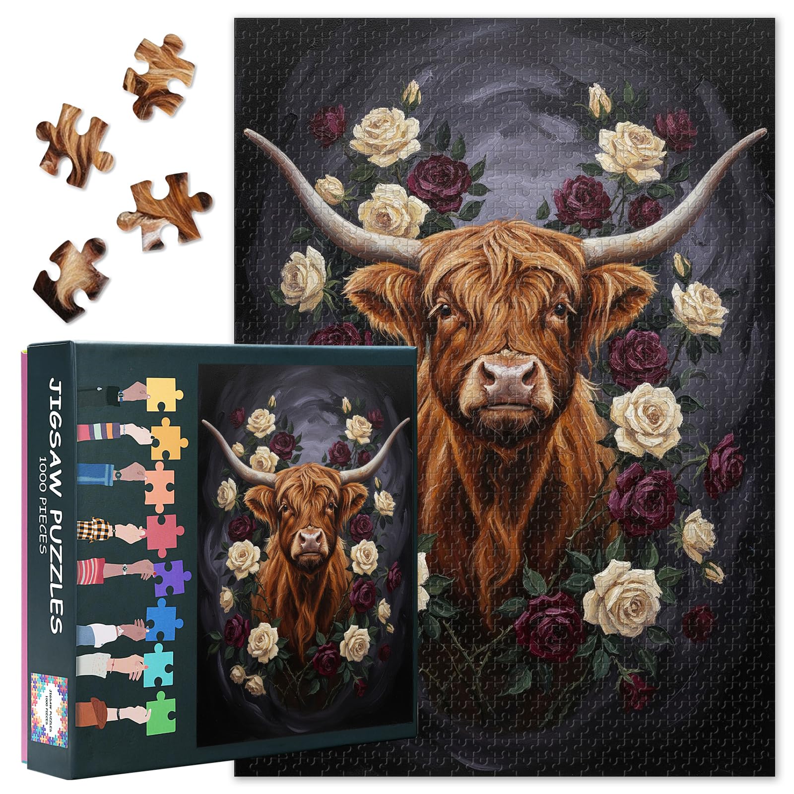 Highland Cow Puzzles for Adults 1000 Pieces, Burgundy Roses Jigsaw Puzzles, Flowers Jigsaw Puzzle, Educational Fun Games or Toys for Elders Friends 20X27 INCH