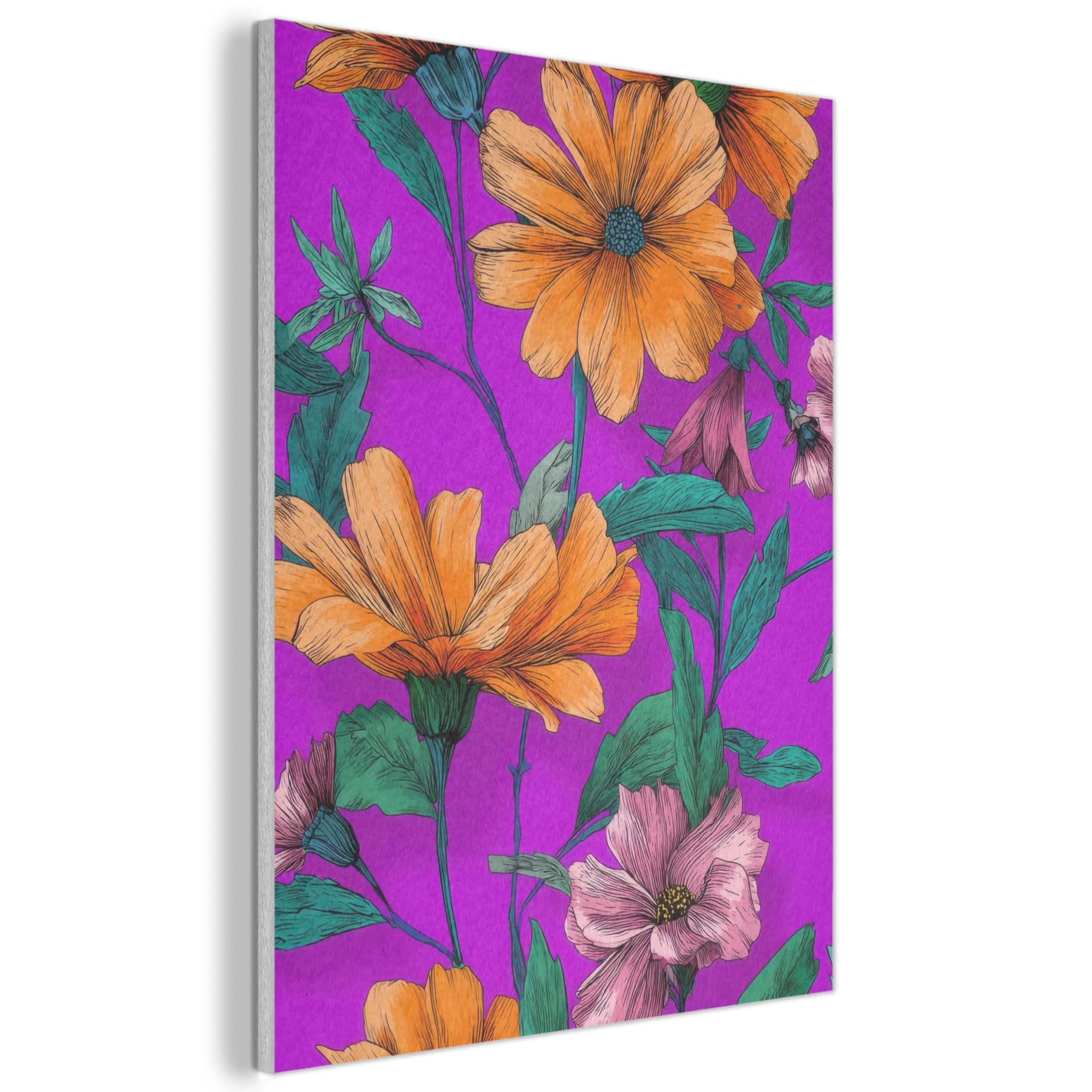 MuchoWow© Felt Panel 70x100 cm Framed Design Print Accent Interior Wallart Decoration Wall Art Flowers - Orange - Pink