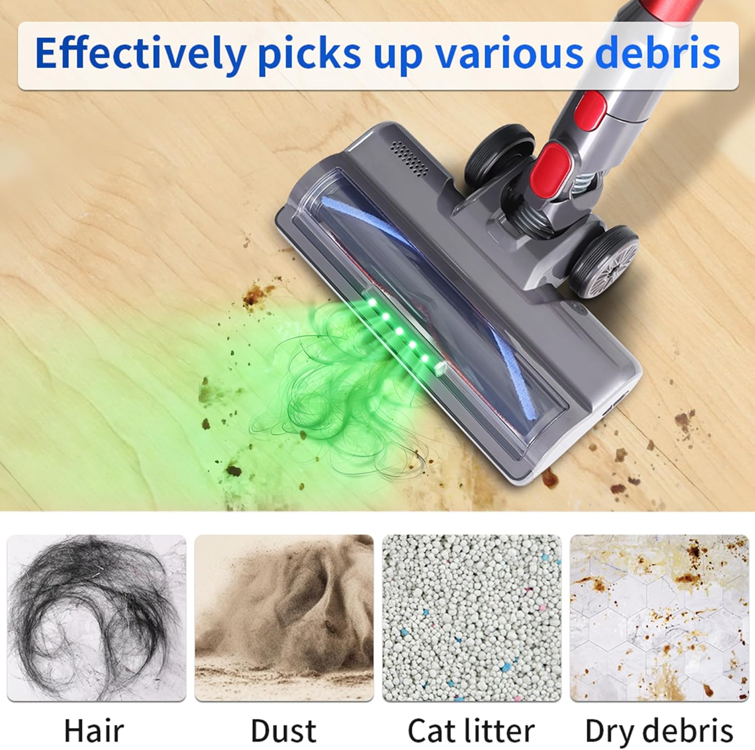 Laymi Hardwood Floor Attachment for Dyson V7 V8 V10 V11 V15 Vacuum Cleaners with LED Headlights, V Shape Turbo Bristle Roller Brush Cleaner Head Replacement Parts