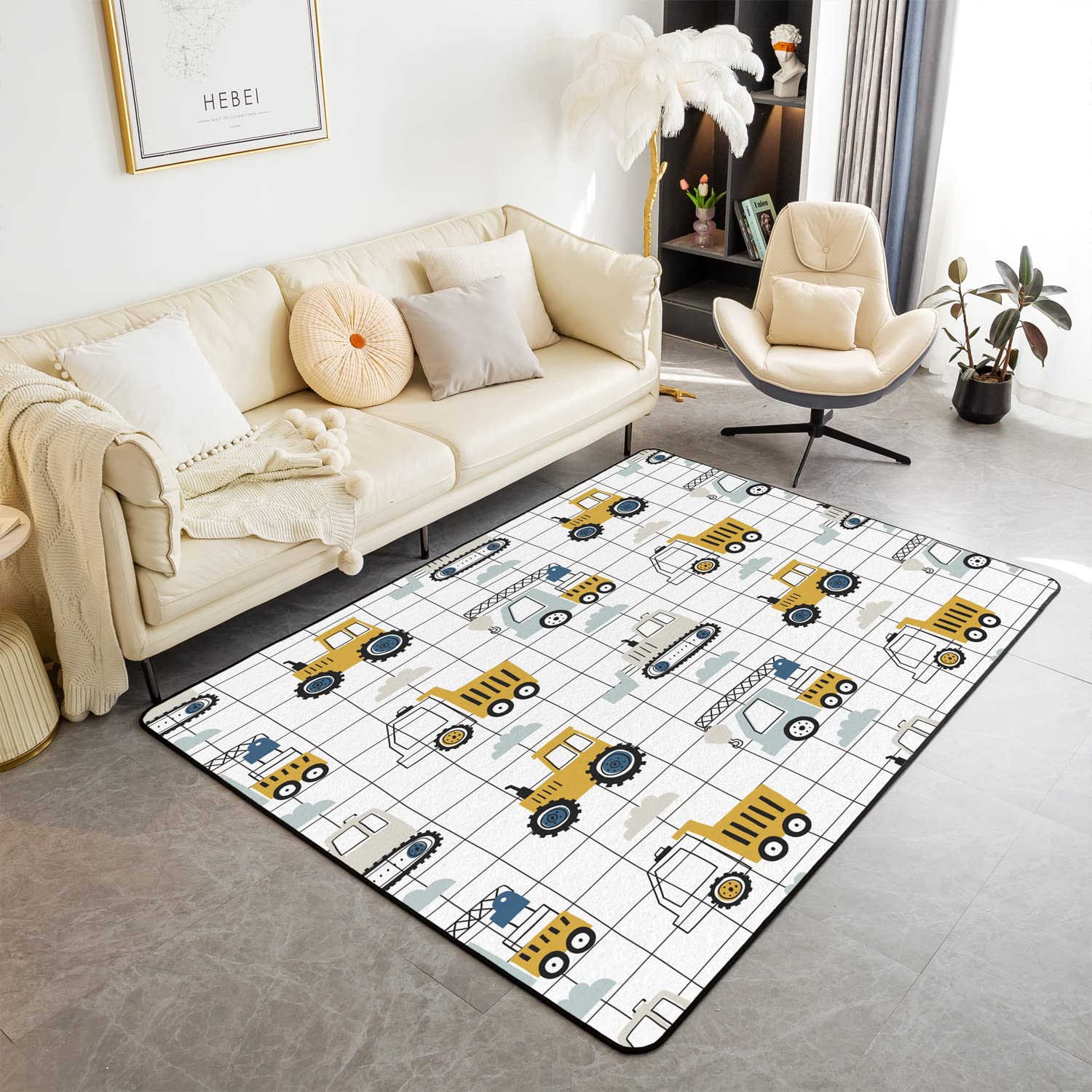 Homemissing Cartoon Construction Area Rug Equipment Trucks Living Room Rugs for Living Room Bedroom Construction Vehicles Indoor Floor Mat for Couch Chair 150 * 200cm โ image 1