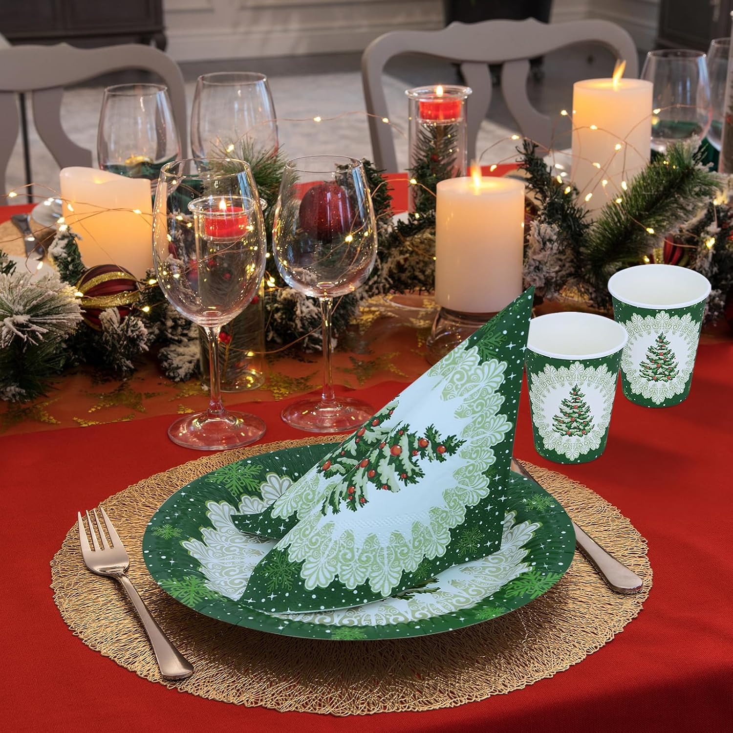 Christmas Party Plates Napkins Paper Cups Tableware Set 96 Pieces Paper Plates Disposable Green Christmas Tree Table Decorations Party Supplies - Image 5