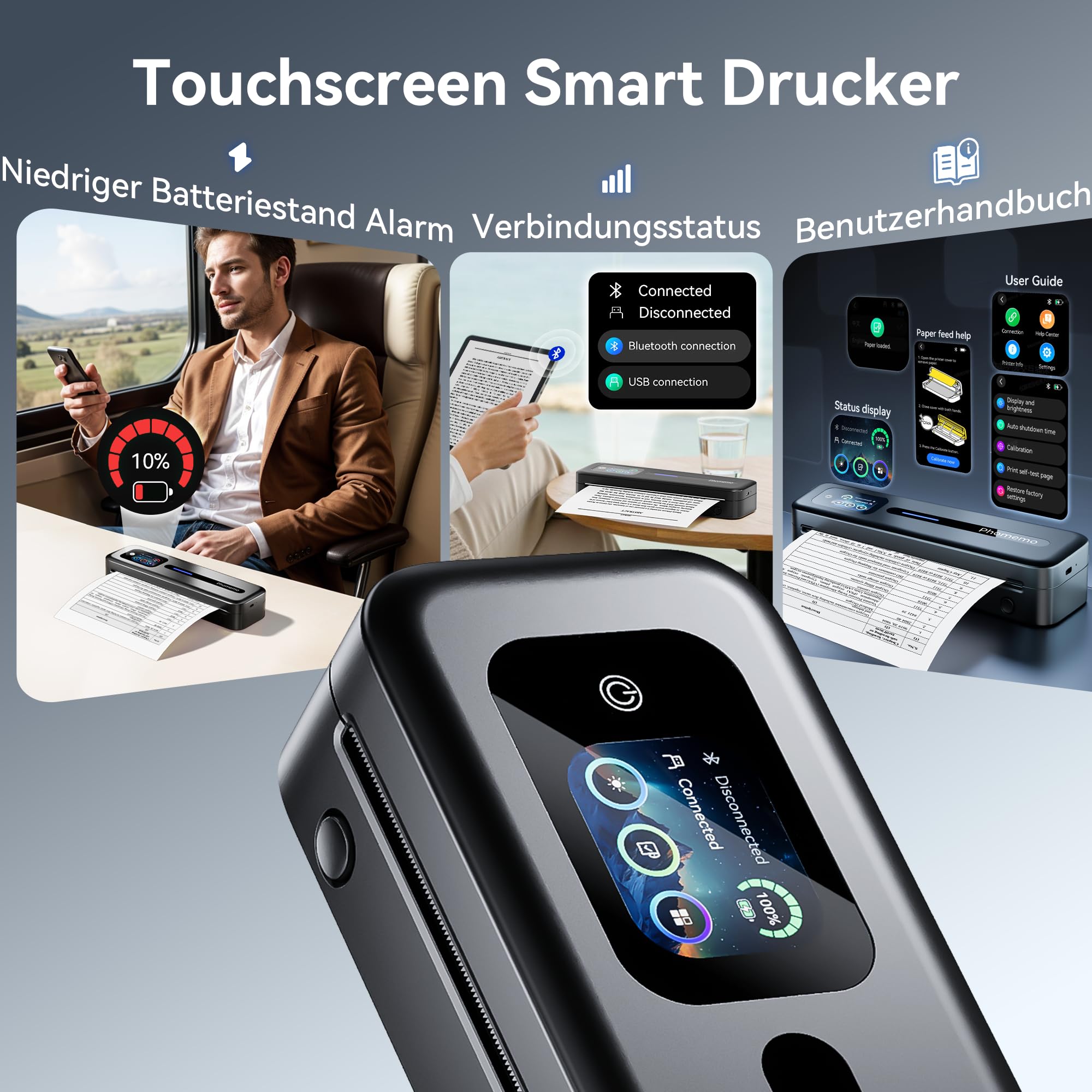 Phomemo M832D Thermodrucker A4, Touchscreen Mobiler Drucker für Zuhause, 300 DPI Thermodrucker Kompatibel mit Android & iOS, Handy & Laptop,Tragbarer Drucker mit Tragetasche und 3 Rollen Thermopapier