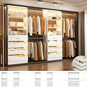 Aheaplus Closet System, 6-15Ft Closet Organizer with 8 Wooden Drawers, Wood Closet Organizer System with Tower, Walk-in Closet Organizer Wardrobe Clothes Rack with 4 Hanging Rods, Garment Rack, White