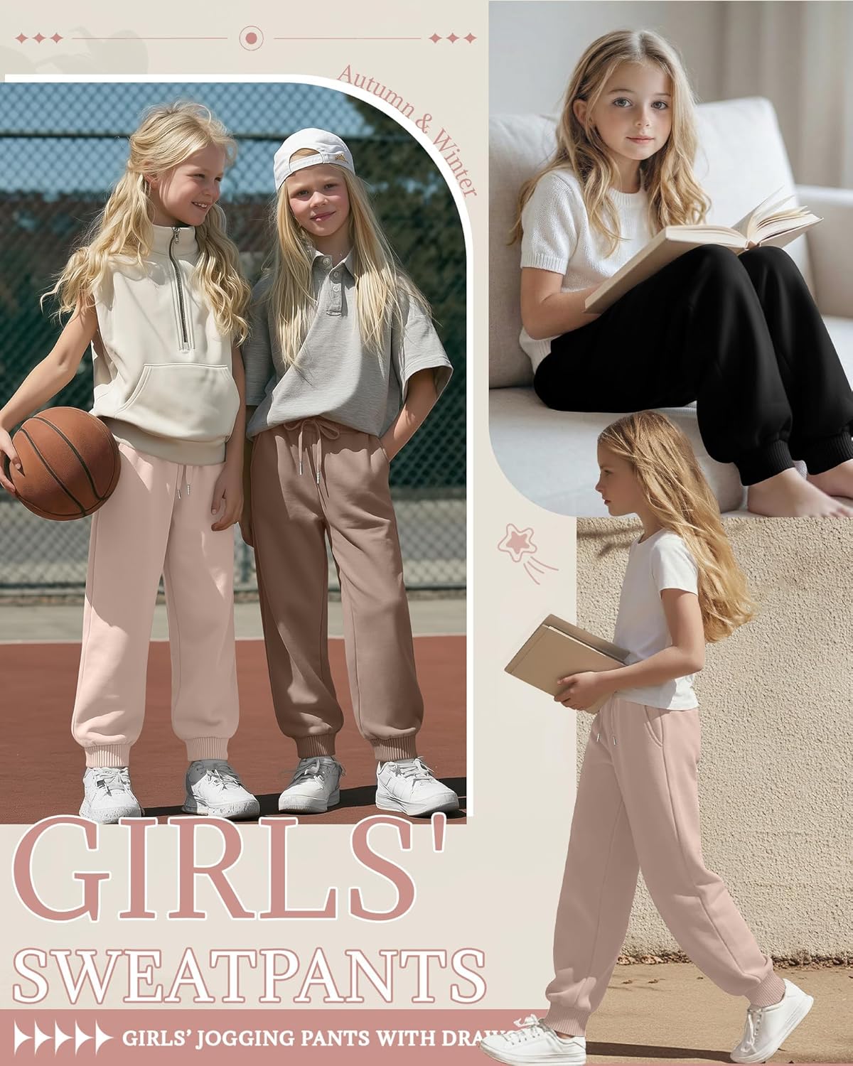 3 Pack Girls Sweatpants Joggers Baggy Lightweight Athletic Running Drawstring Pants for Teen with Pocket Size 5-16