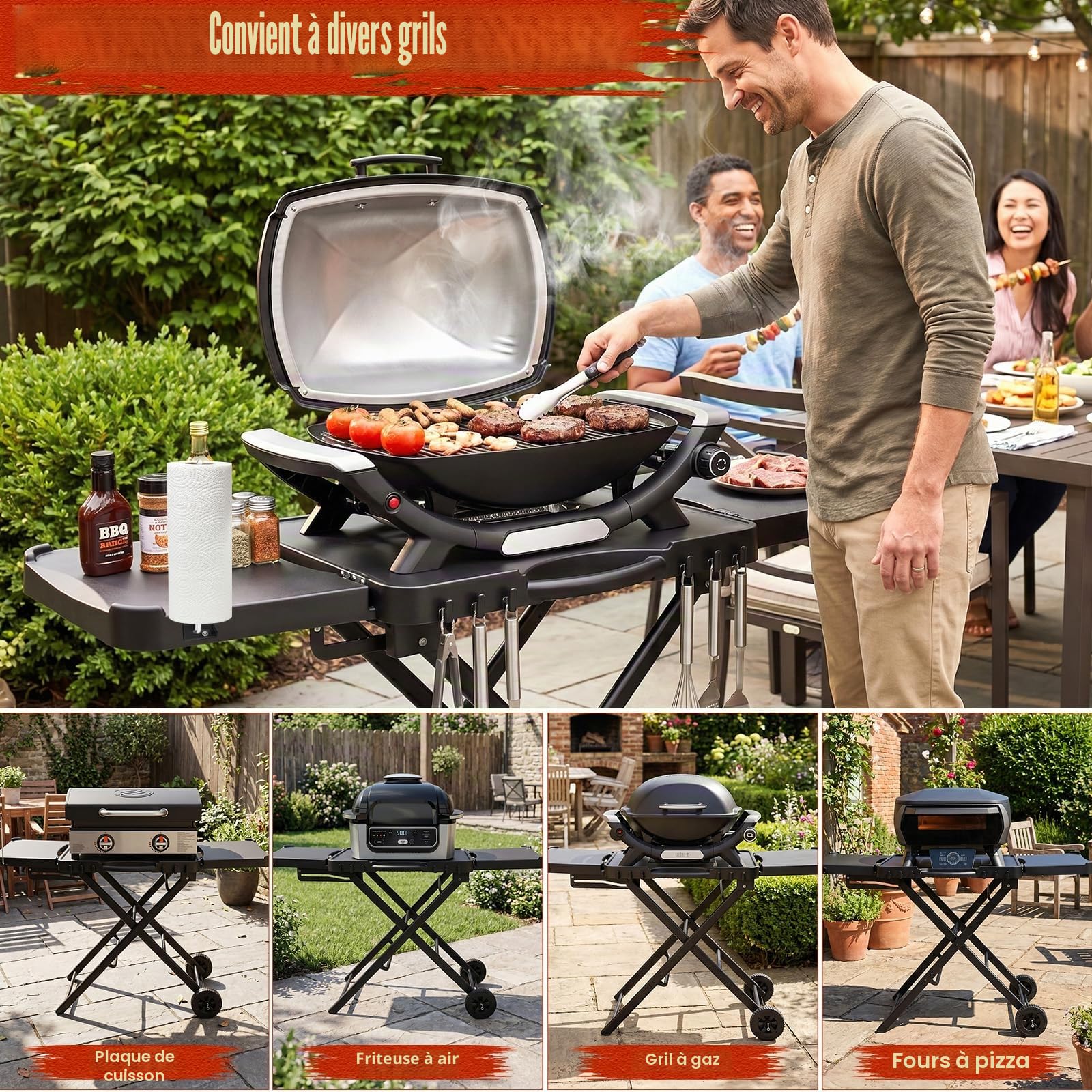 Chariot de barbecue pour Weber Q100, Q200, Q300, Enders Urban, Nexgrill, Ninja Woodfire Grill, four à pizza, Solo Stove, Burnhard Wayne