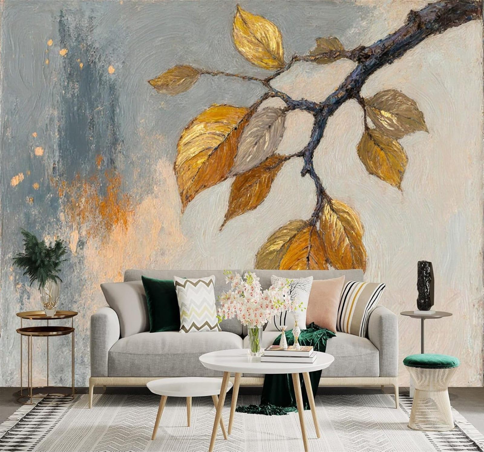 Autumn Golden Leaves Branches Minimalist Abstract Art 3D Wallpaper Creative Modern Decoration Murals Home Decor Study Living Room Bedroom Sofa Background-430cm×300cm