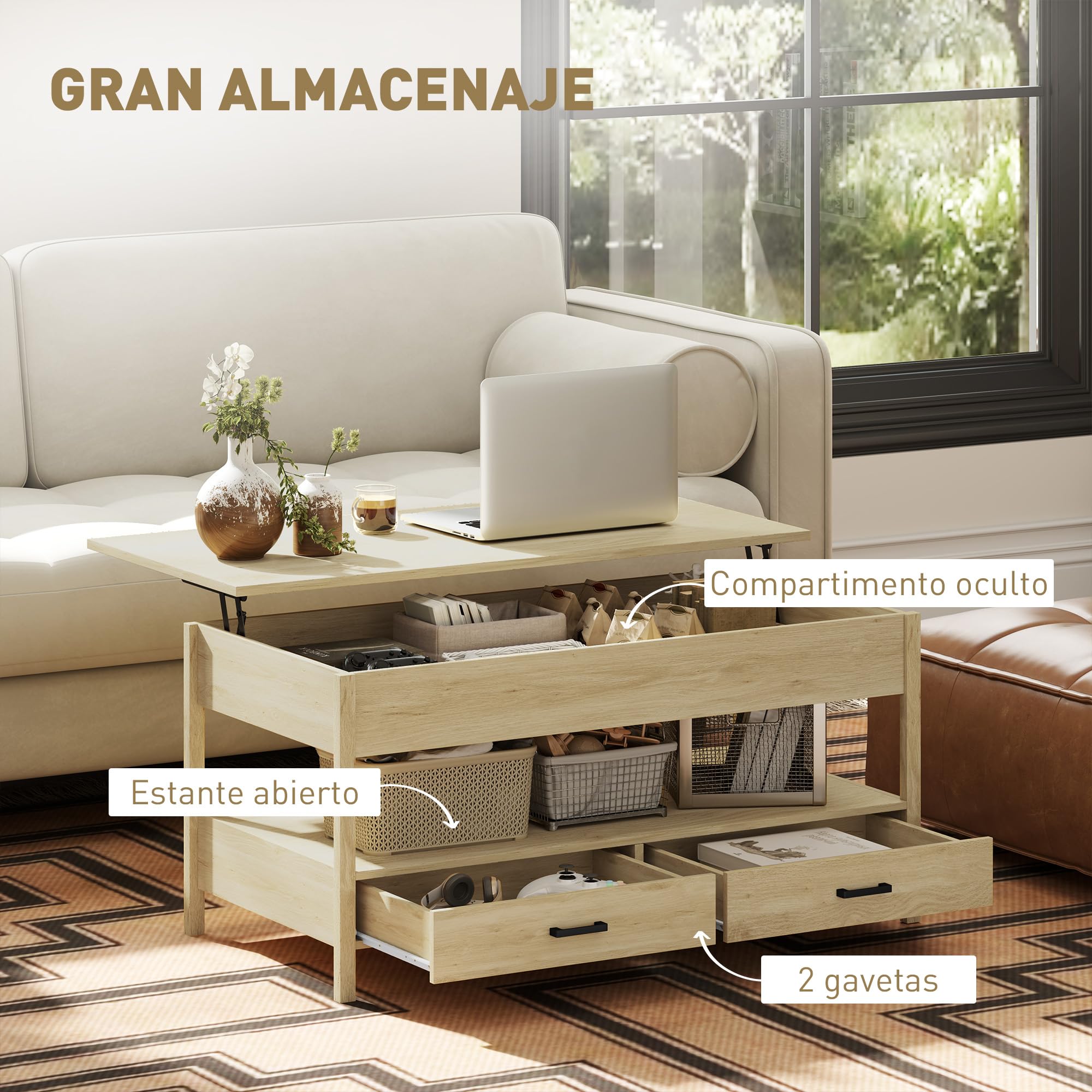 HOMCOM Mesa de Centro Elevable Encimera Elevable Cajones Roble | Mesa de Café, Espacio Oculto de Almacenaje, Estante Abierto, 100x50x48-62 cm