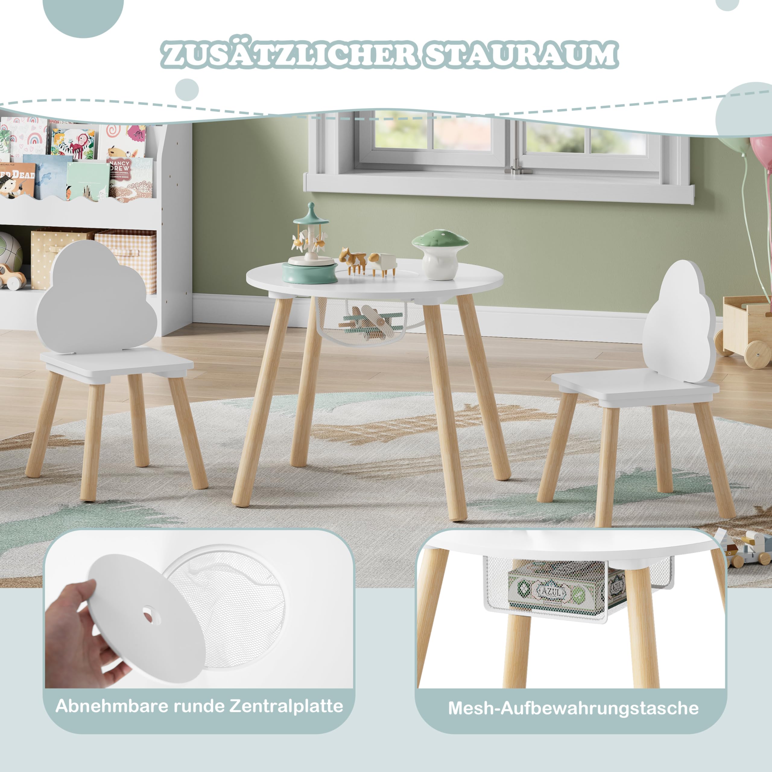 WOLTU Kindertisch mit 2 Stühlen, 3tlg. Kindersitzgruppe, Kinder Tisch Stuhl Set mit Stauraum Netztasche, Kinderstuhl mit Wolken-Rückenlehne, für klein Kinder Vorschüler