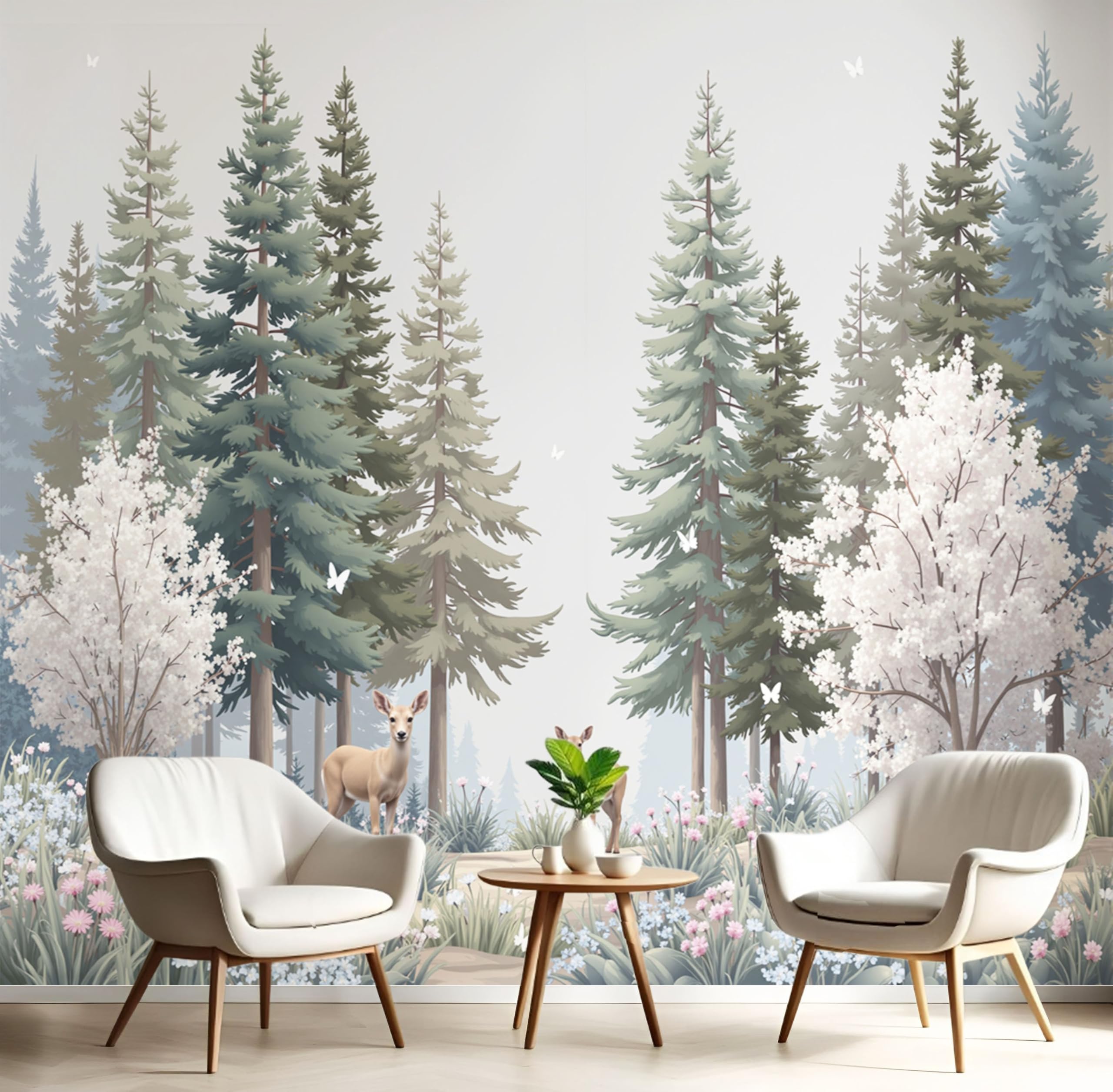 Mural para salón y cuarto infantil de bosque místico en tonos verde oscuro