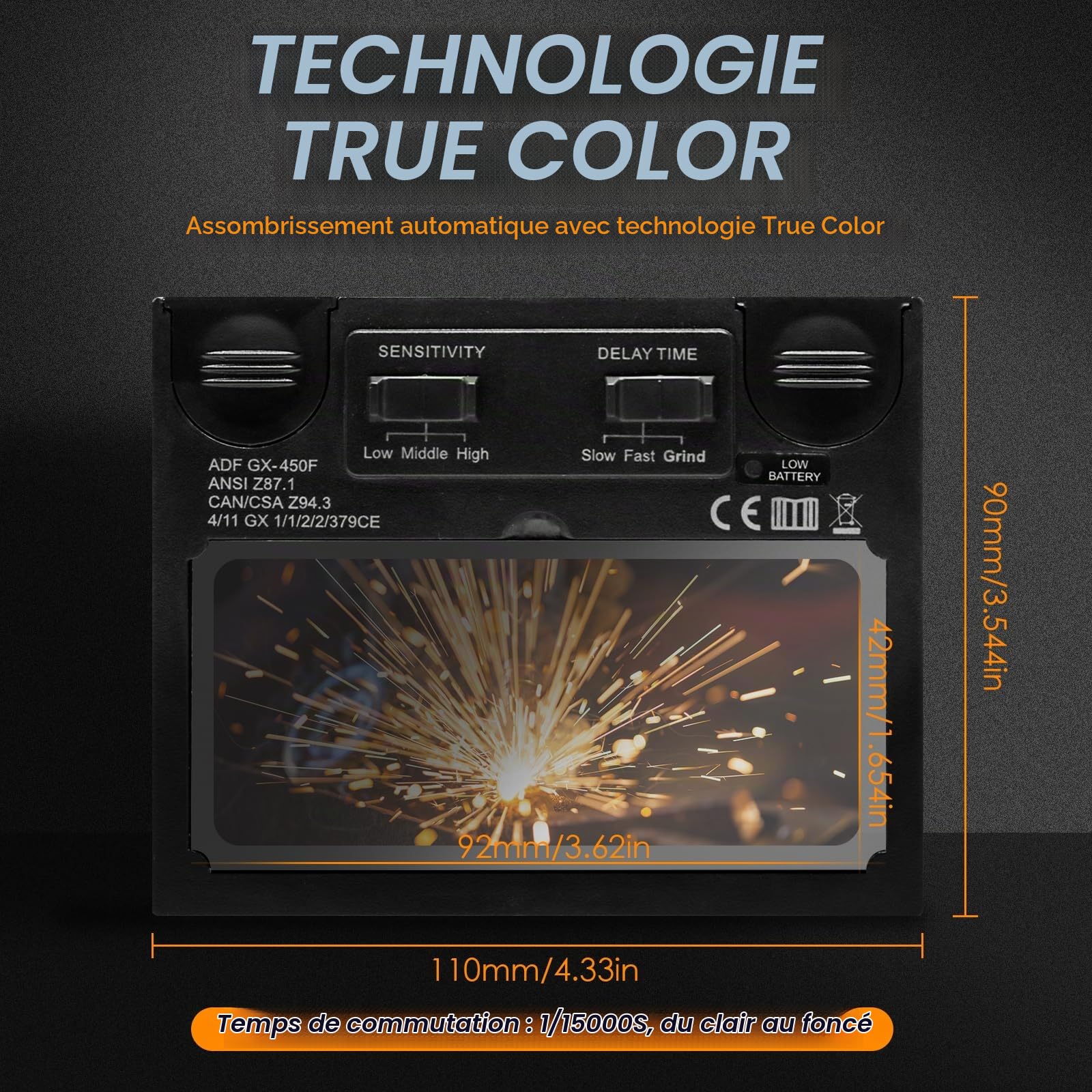 CCLIFE Casque Soudure Rabattable Vraie Couleur Casque de Soudage Automatique Large écran 92 × 42 mm 2 Capteurs Auto Assombrissement Solaire Masque de Soudage Niveau Optique : 1/1/2/2 DIN16