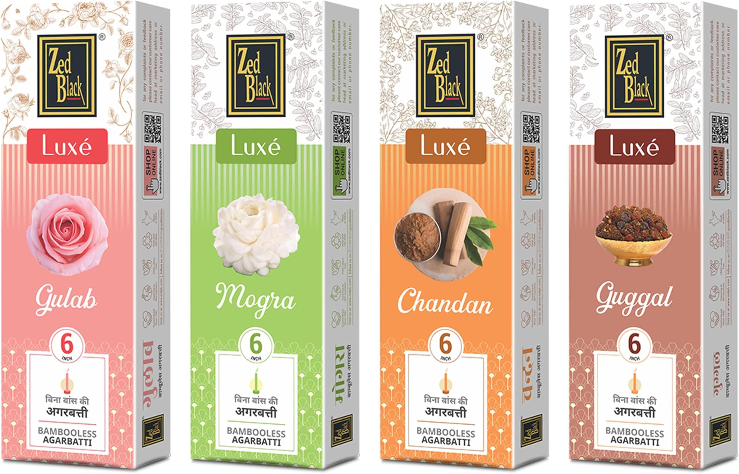Zed Black Bamboo Less Incense Sticks – Luxe Series - Pack of 4 Incense Sticks, Good Vibes Pack (Approx 70 Agarbatti Sticks | 4 Fragrances -Chandan, Gulab, Guggal and Mogra) (377 GM)