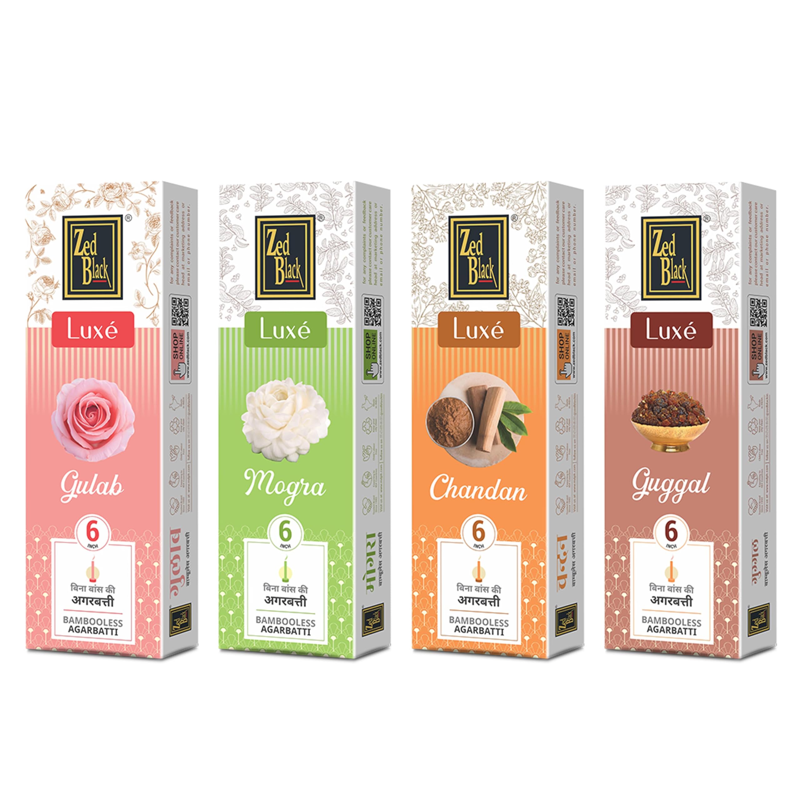 Zed BlackBamboo Less Incense Sticks – Luxe Series - Pack of 4 Incense Sticks, Good Vibes Pack (Approx 70 Agarbatti Sticks | 4 Fragrances -Chandan, Gulab, Guggal and Mogra) (377 GM)