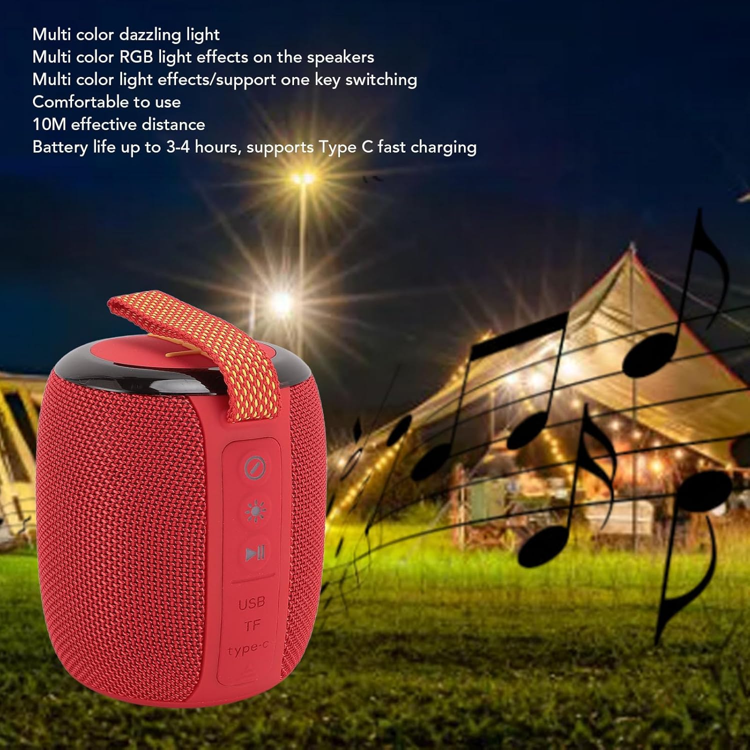 Yuezhongoo Bluetooth Speaker in an outdoor camping setting with text overlay about features