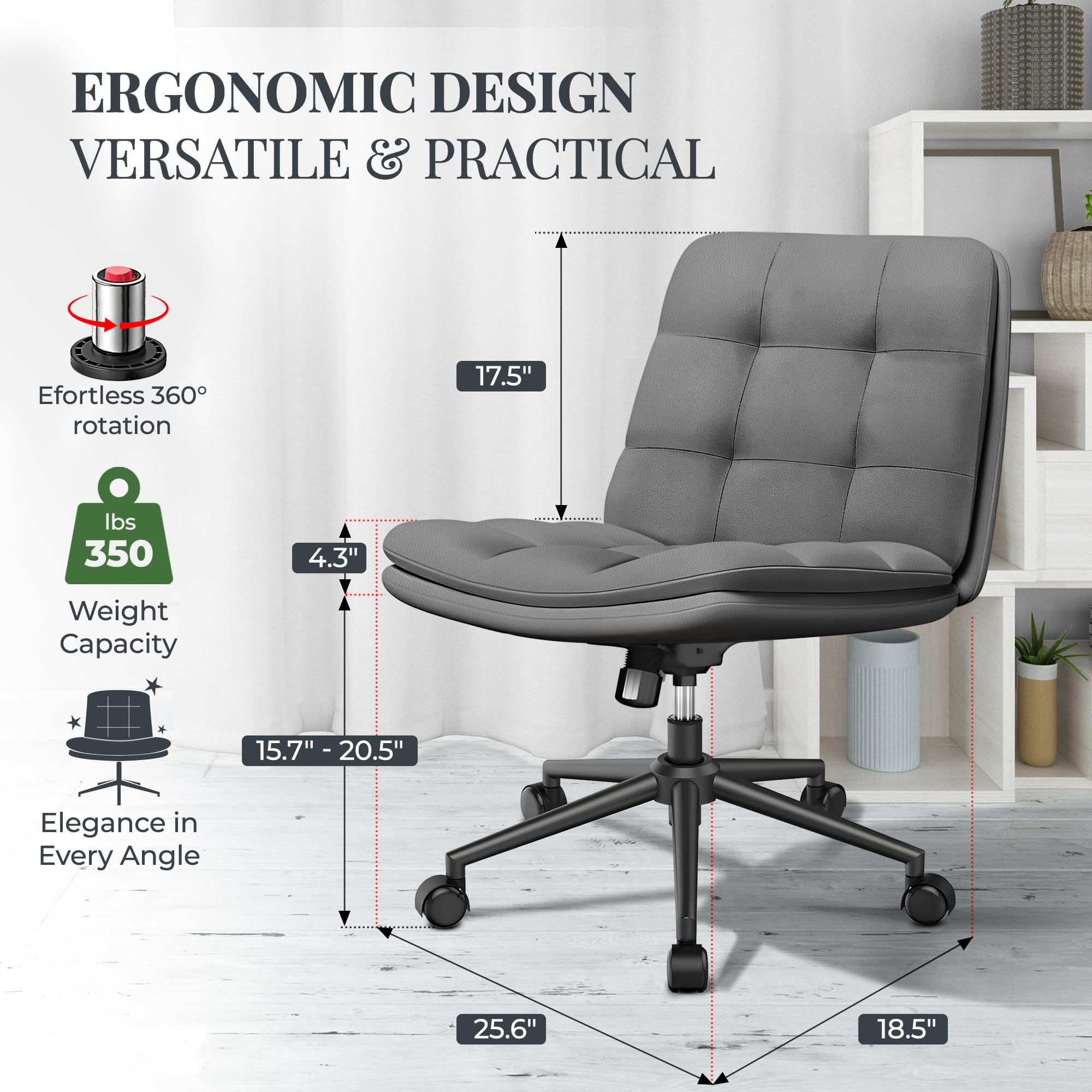 Criss Cross Legs Office Chair With Wheels – Wide Seat, Armless, Ergonomic Desk Chair In Grey