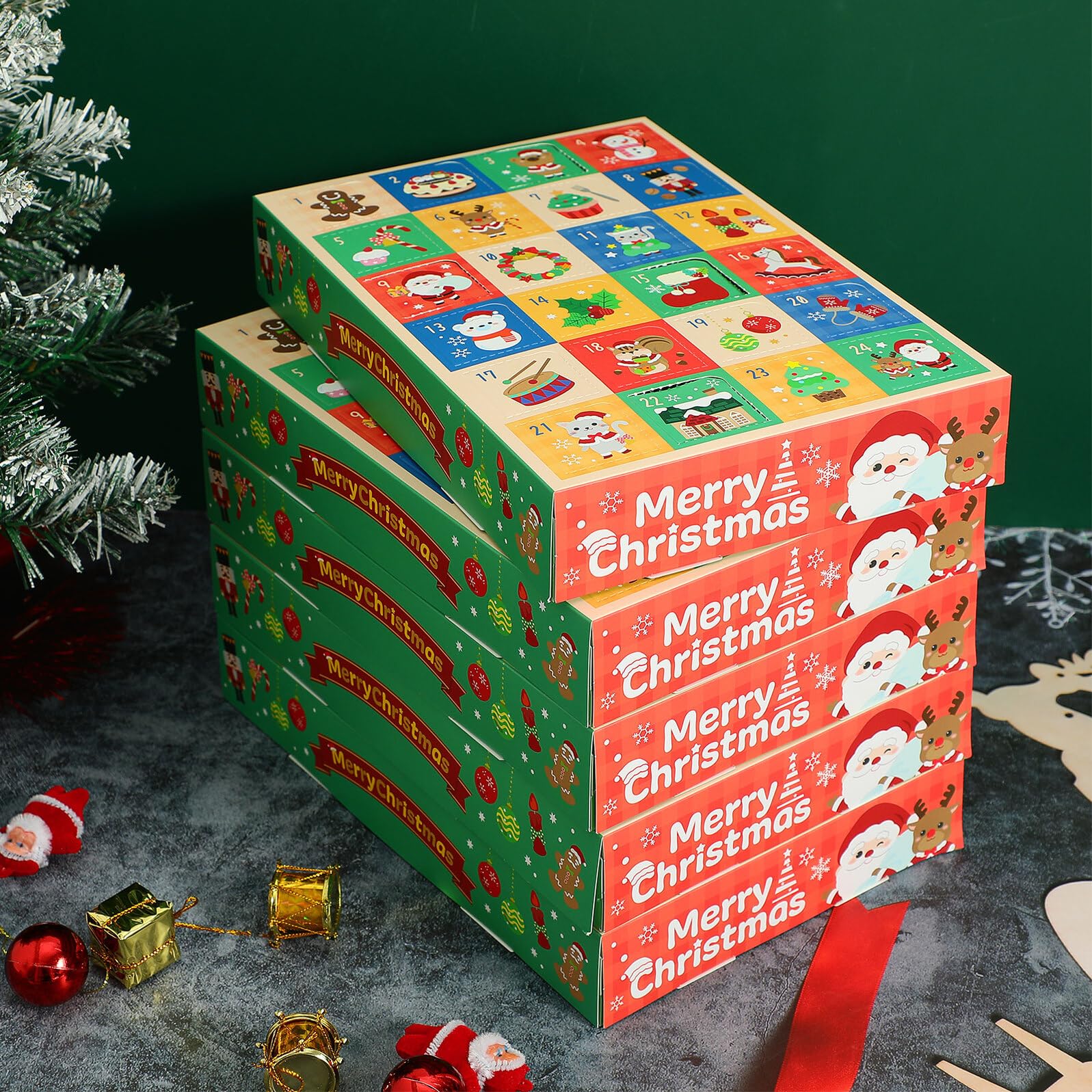 OUNONA Adventskalender Boxen 5 Stück mit 24 Fächern Selbstgemacht Weihnachtskalender Papier Geschenkboxen für Süßigkeiten und Partydeko
