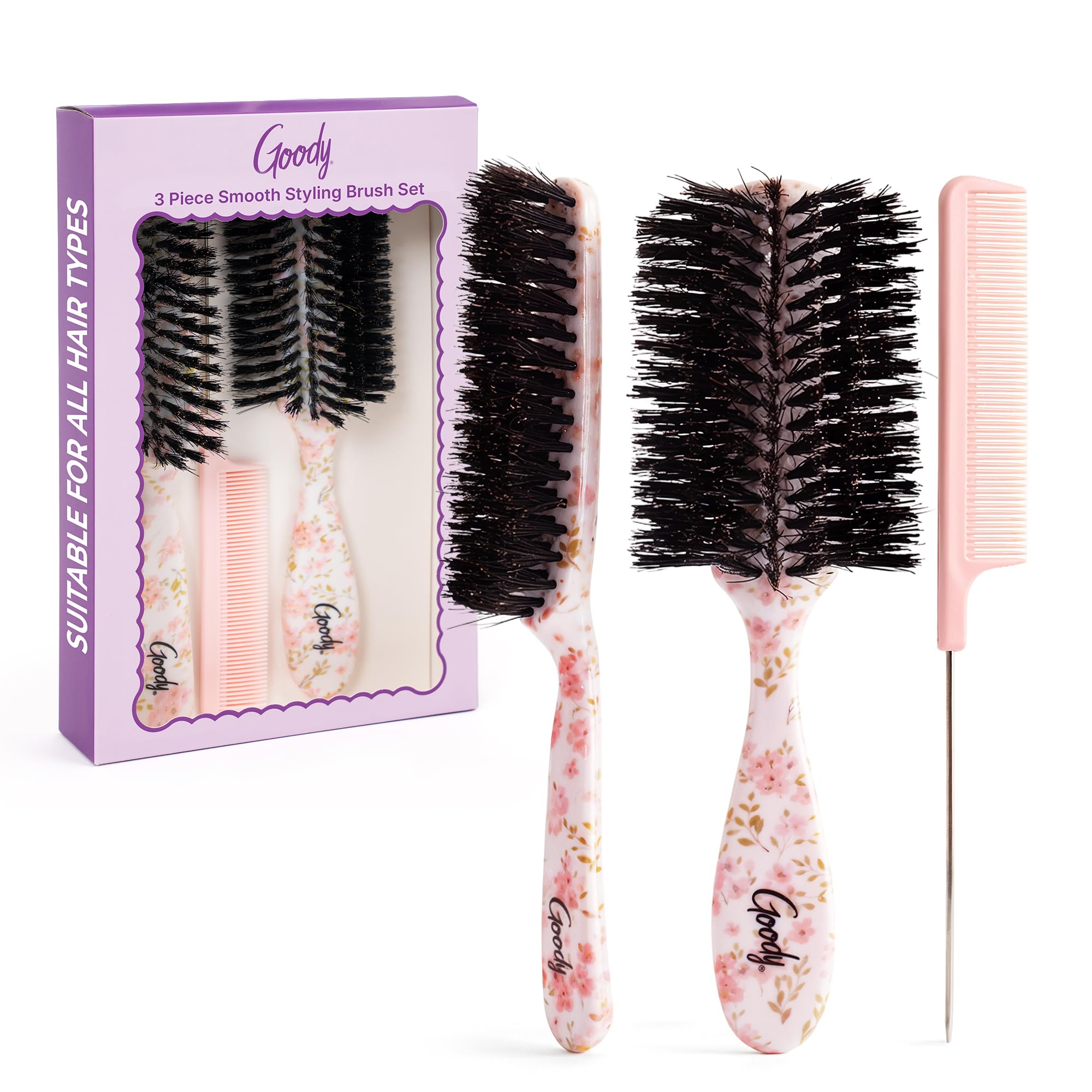 Goody 3-Piece Styling Hairbrush Set, Floral Pattern, Boar Bristle Smoothing Brush for Shine, Half-Round 180° Brush for Volume, Rat-Tail Comb for Precision, For All Hair Types, Gift for Women & Girls