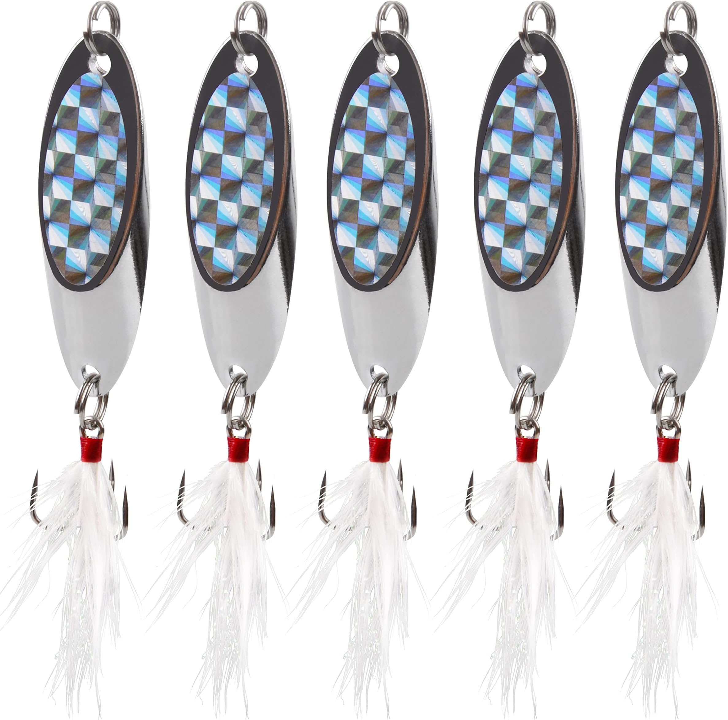 OROOTL Fishing Spoons Lures, 5pcs Metal Spoon Fishing Lures with Feathered Treble Hooks 3/16oz-2oz Jigging Spoons Bait for Bass Trout Pike Walleye Saltwater Freshwater