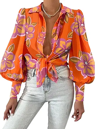 Women Fashion Button Down Shirts 2026 V Neck Boho Printed Long Sleeve Blouses Dressy Casual Spring Fall Tops