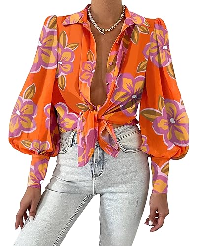 BTFBM Women Fashion Button Down Shirts 2026 V Neck Boho Printed Long Sleeve Blouses Dressy Casual Spring Fall Tops - X-Large - Floral Orange Purple