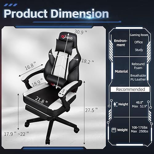 Miniatura 3 de Silla de videojuegos para adultos, silla de computadora con reposapiés y respaldo alto ergonómico, silla de jugador grande y alta con soporte lumbar