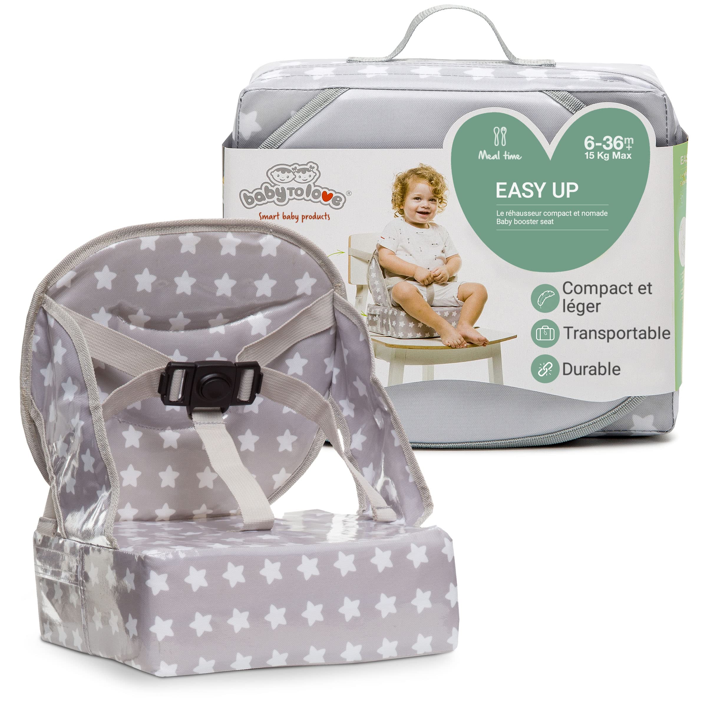 BabyToLove | Rehausseur chaise bébé compact et pliable avec coussin imperméable, harnais 3 points et poignée de transport | White Stars