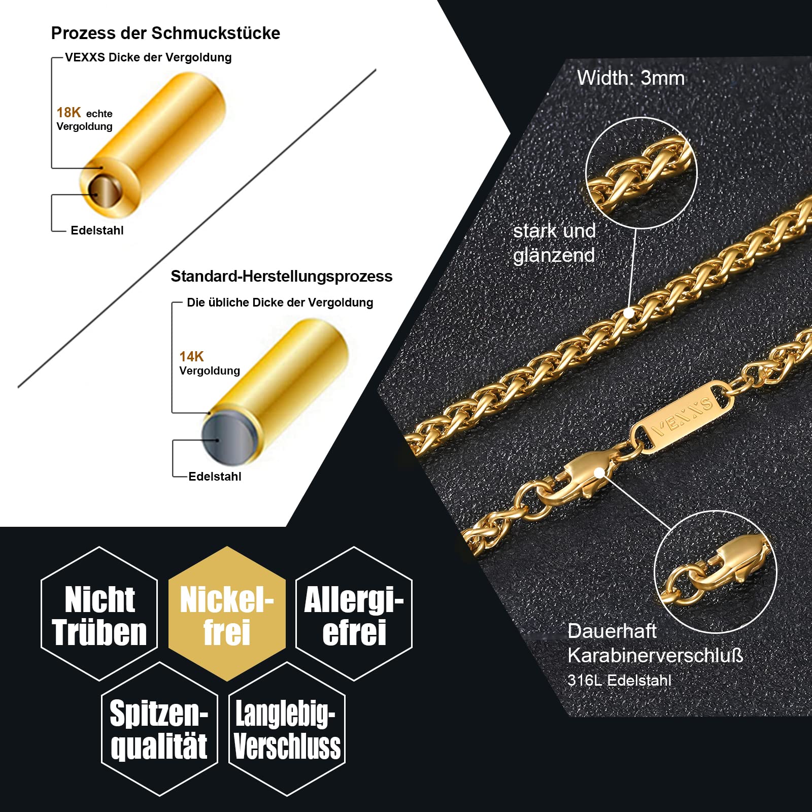 VEXXS Gliederkette Herren Goldkette,18K Gold Vergoldet Herren Kette, 3/4mm halskette für Männer,Schmuck Geschenk,46-66cm