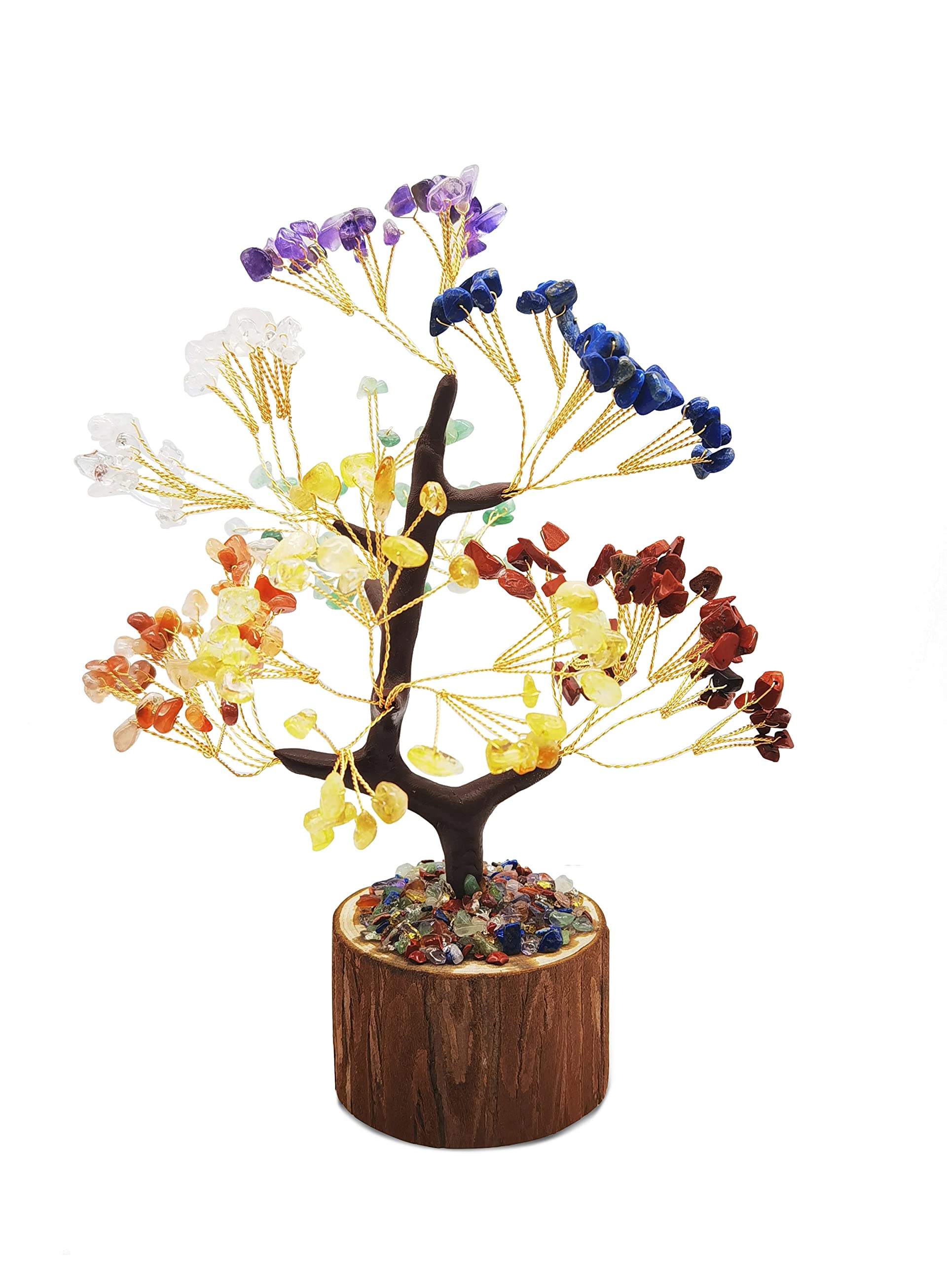 InvenkoTree of Life Seven Chakra Gemstone Crystal Fengshui Bonsai Fortune Money Tree Artificial Tree for Good Luck, Wealth Prosperity Home Office Décor Gift Golden Branch (7 chakrat Tree)