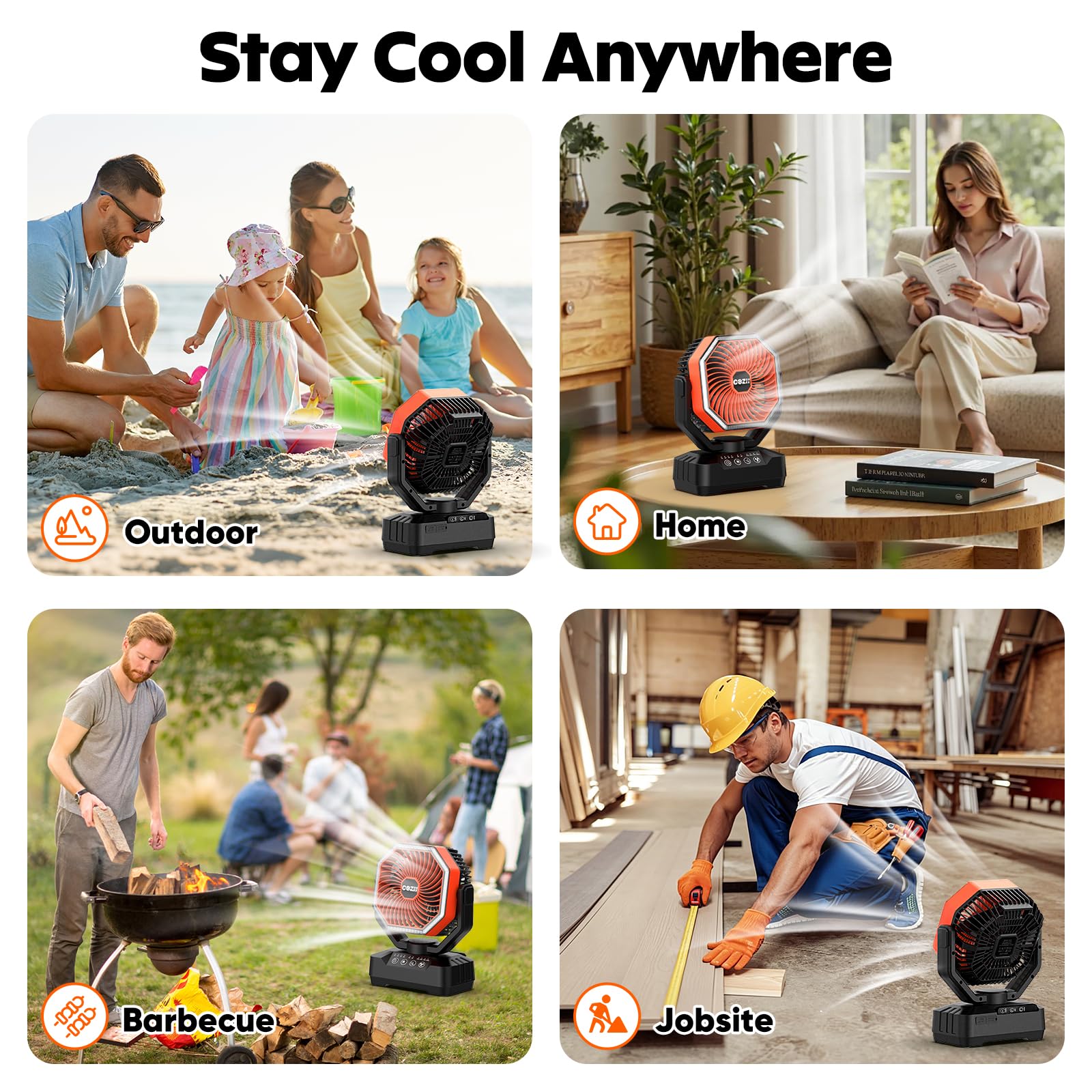 COZII Camping Ventilator 20000mAh USB Akku Tischventilator Oszillierend LED Licht Fernbedienung Haken Tragbar Leise