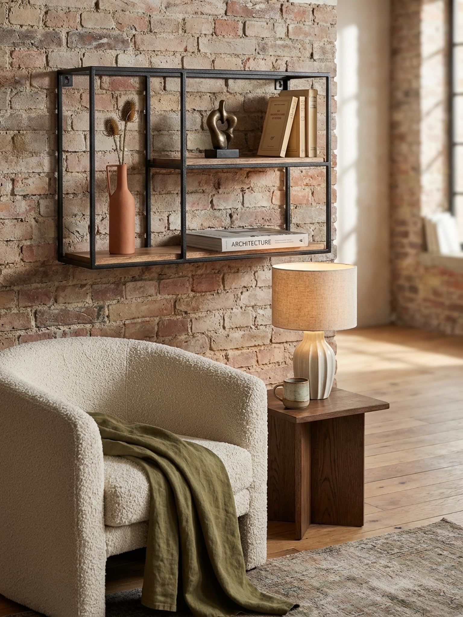 Wandregal 60x40x18 cm Mango Massivholz/Metall Hängeregal Rechteckig | Kleines Design Schweberegal Industrial | Regal Hängend Wohnzimmer | Bücherregal Wand