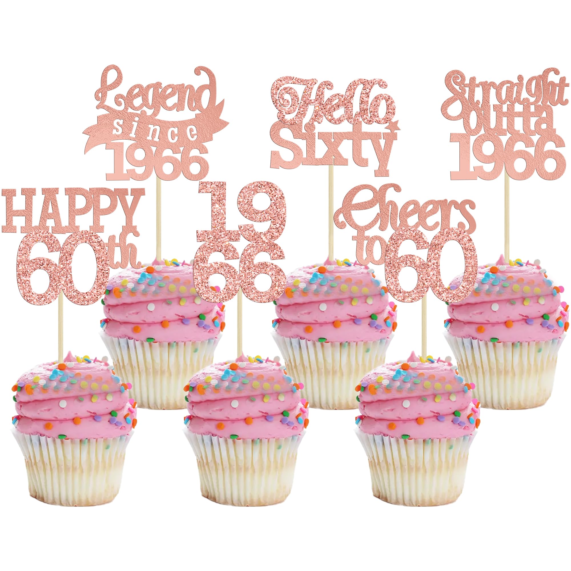 Gyufise 24Pcs Happy 60th Birthday Cupcake Toppers Hello Sixty Legend Since 1966 Cupcake Picks Cheers to 60 Years Cake Decorations for 60th Birthday Anniversary Party Supplies Rose Gold