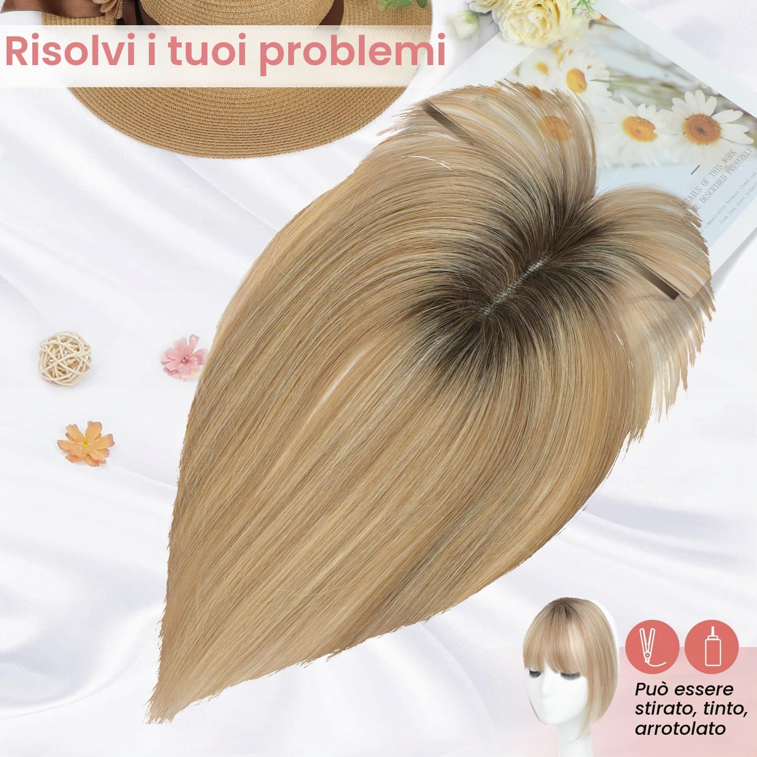 Parrucche Capelli Umani Donna Frangia Intrecciate Mano Base Svizzera Biondo Miele Radice Marrone Scuro