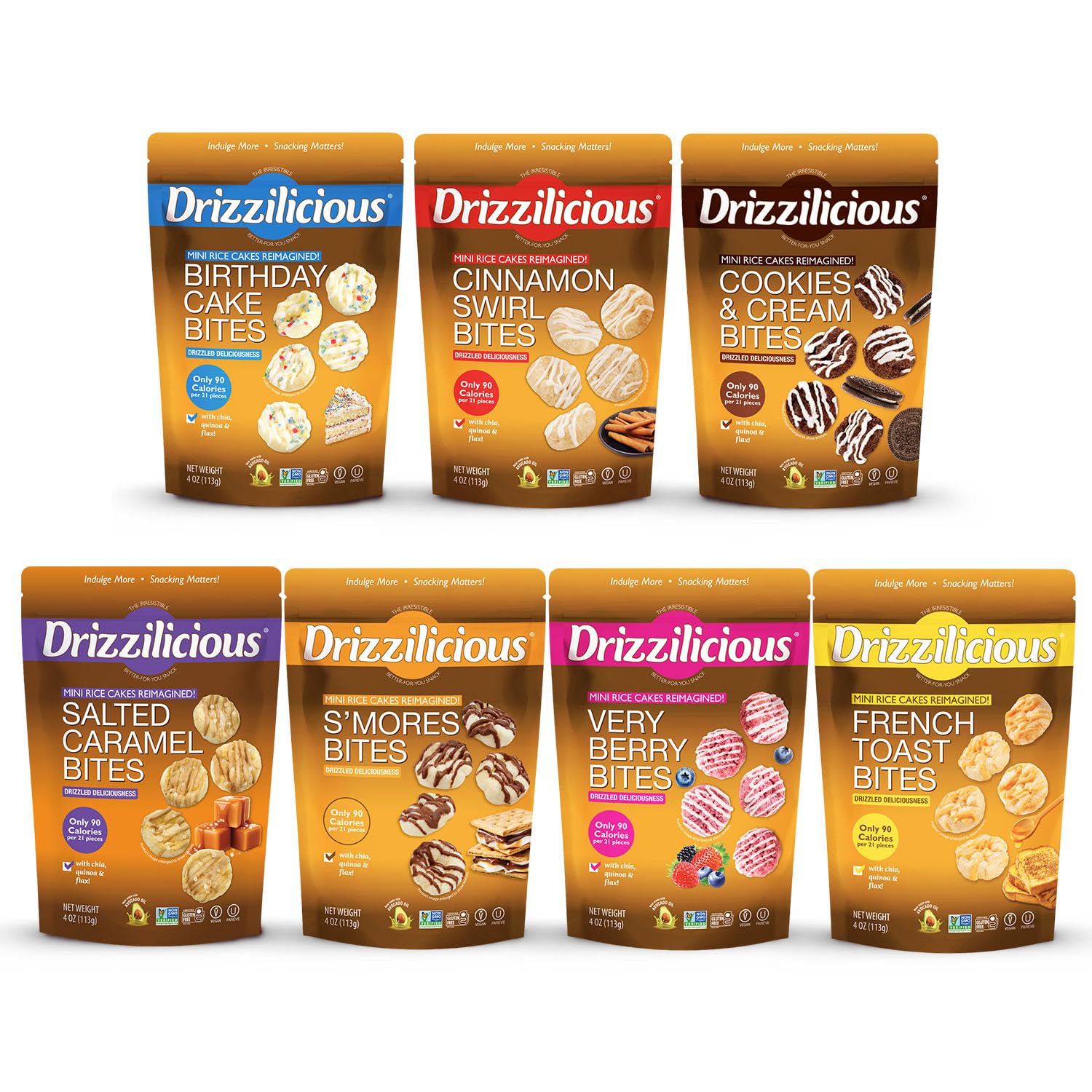 Drizzilicious Mini Pastel de Arroz Bites Mezcla de variedades, 113 g por bolsa, paquete de 7