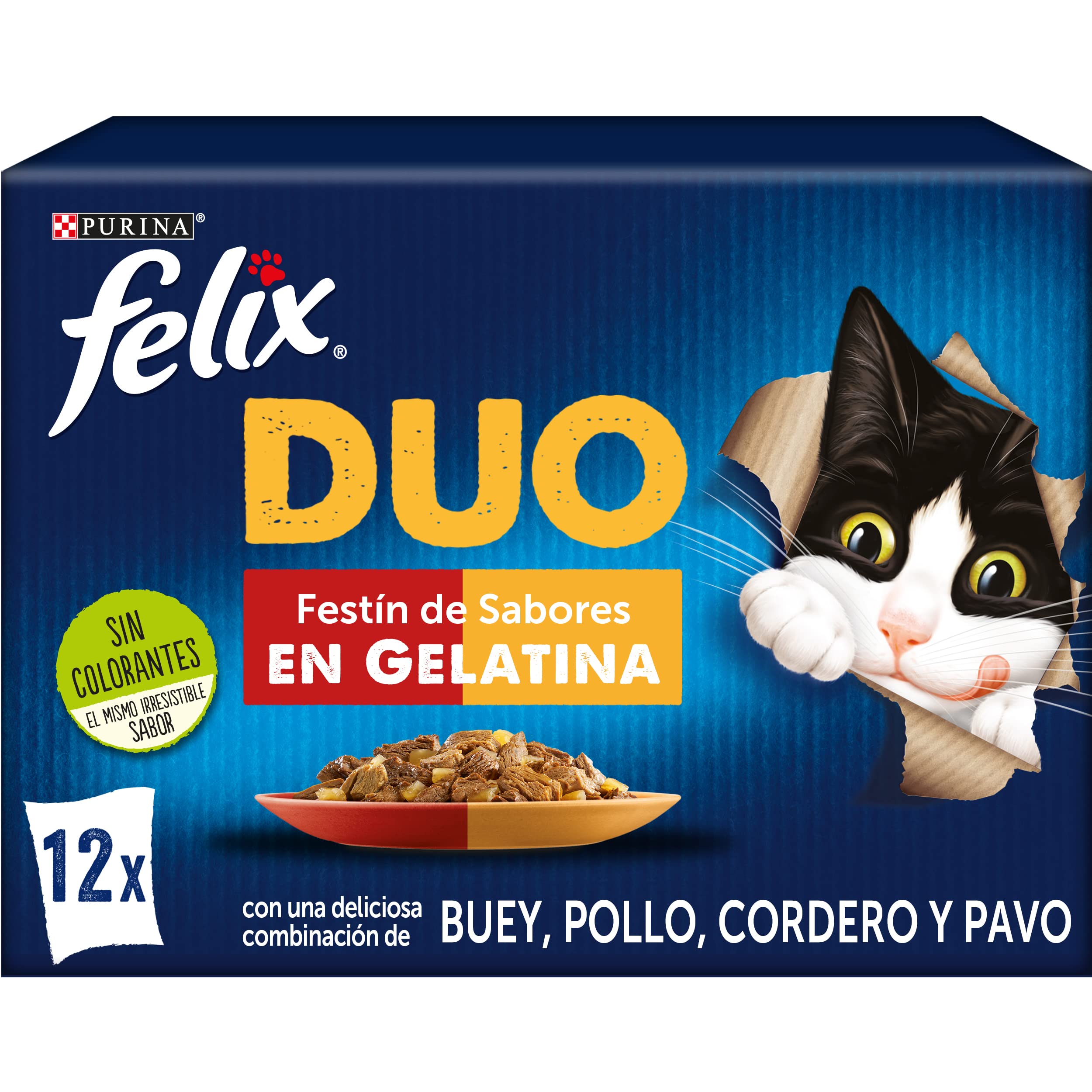 Purina Felix Fantastic Duo, Comida Húmeda para Gato Adulto Pack Surtido Carnes, 6 paquetes de 12 sobres de 85g - 72 sobres