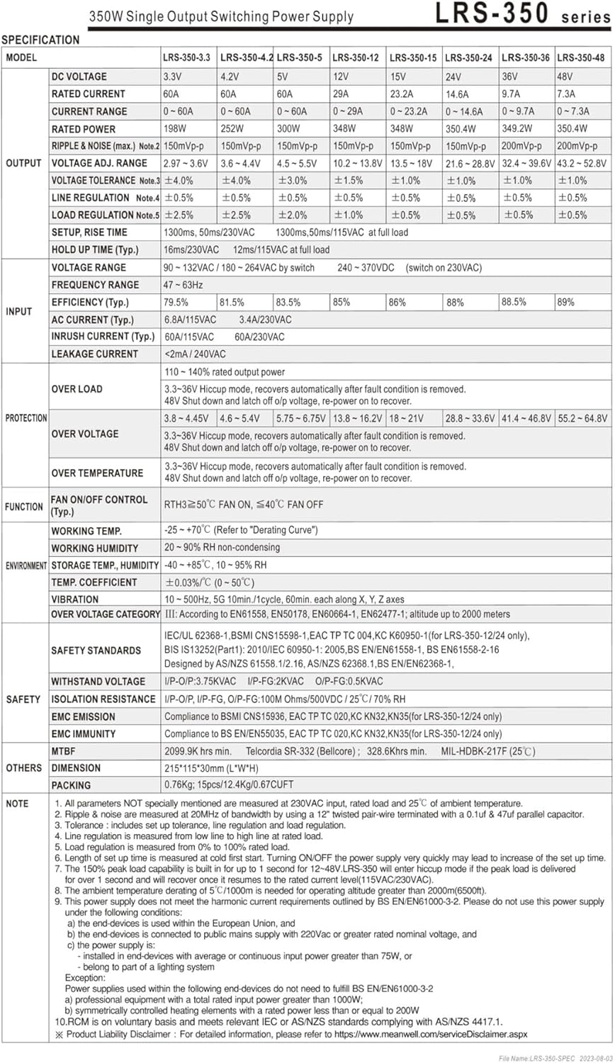 LRS-350-3.3 198W Single Output Switching Power Supply LRS-350 3.3V/60A