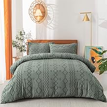 Green Tufted Duvet Cover Set Queen Size (90 x 90 inches), Embroidery Striped Washed Microfiber Comforter Cover Pieces (1 Duvet Cover + 2 Pillow Shams), Soft Durable Bedding Set 3 with Zipper Closure