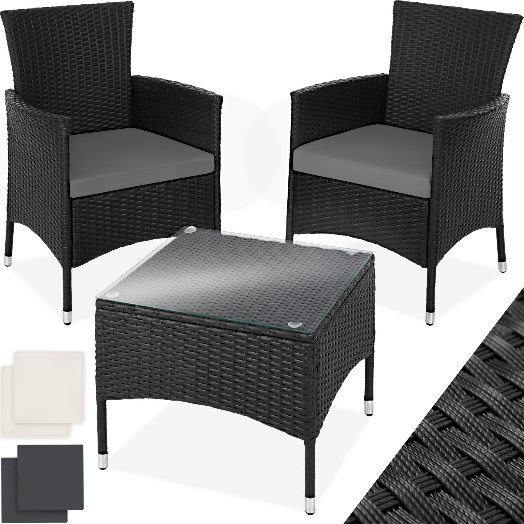 TecTake® Conjunto Jardín Exterior de Ratán y Acero para 2 Personas, Muebles Jardín Exterior Resistentes a Intemperie, 2 Sillones y 1 Mesa Cristal, Fácil Montaje y Limpieza, Incl. 4 Fundas - Negro