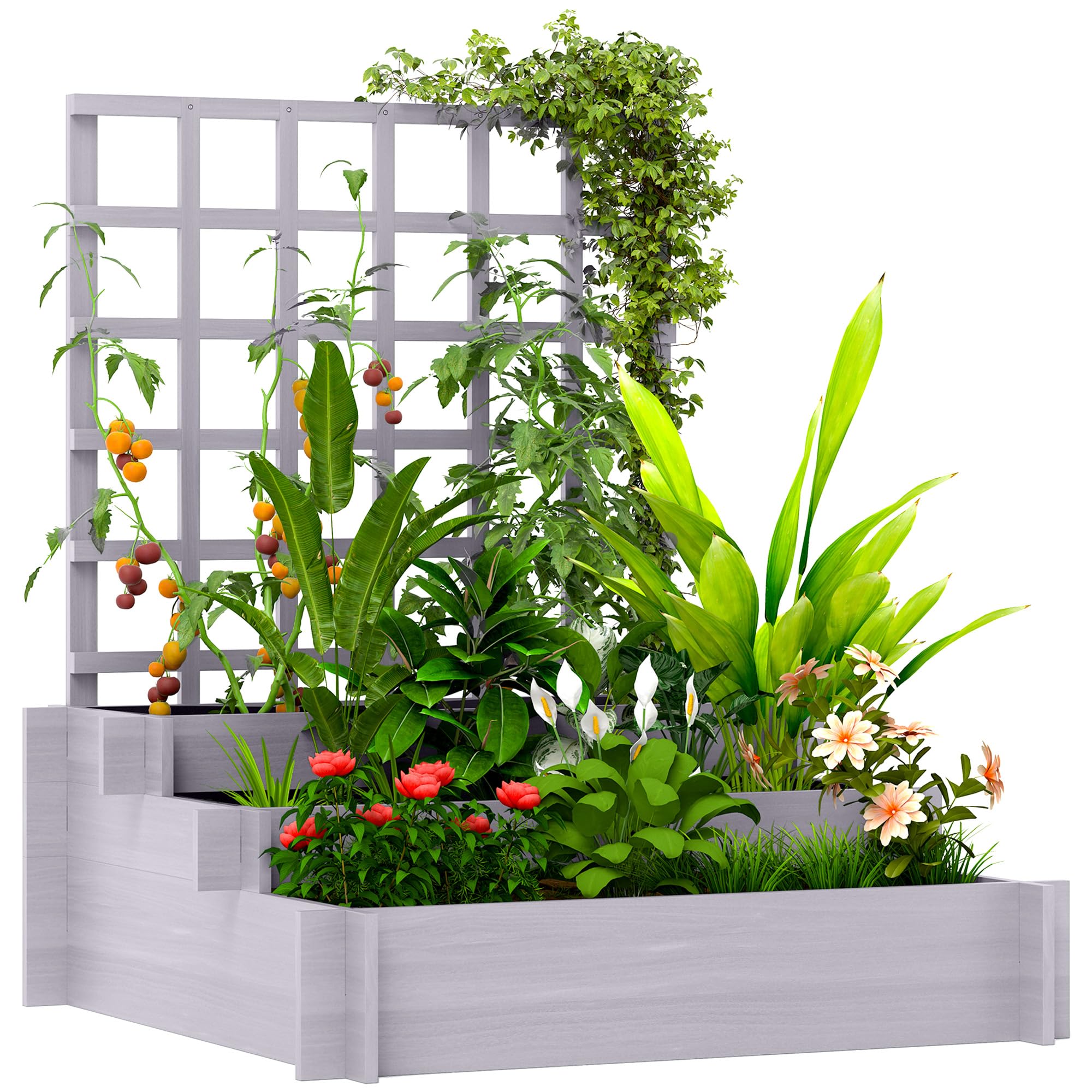 Outsunny 3 Tier Raised Garden Bed with Trellis, Grey