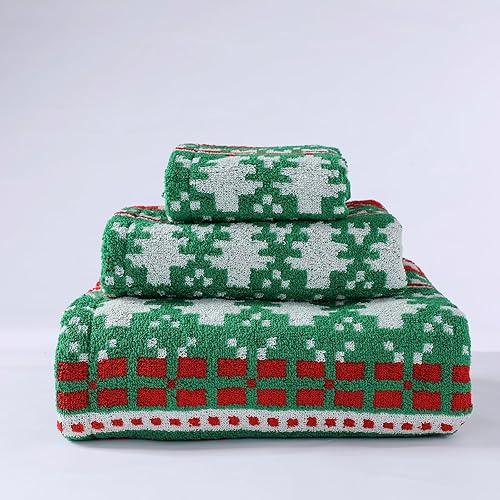 Miniatura 2 de Juego de toallas de baño de lujo con diseño de copos de nieve con diseño verde para niños, 1 toalla de baño, 1 toalla de mano 100% algodón, ultra