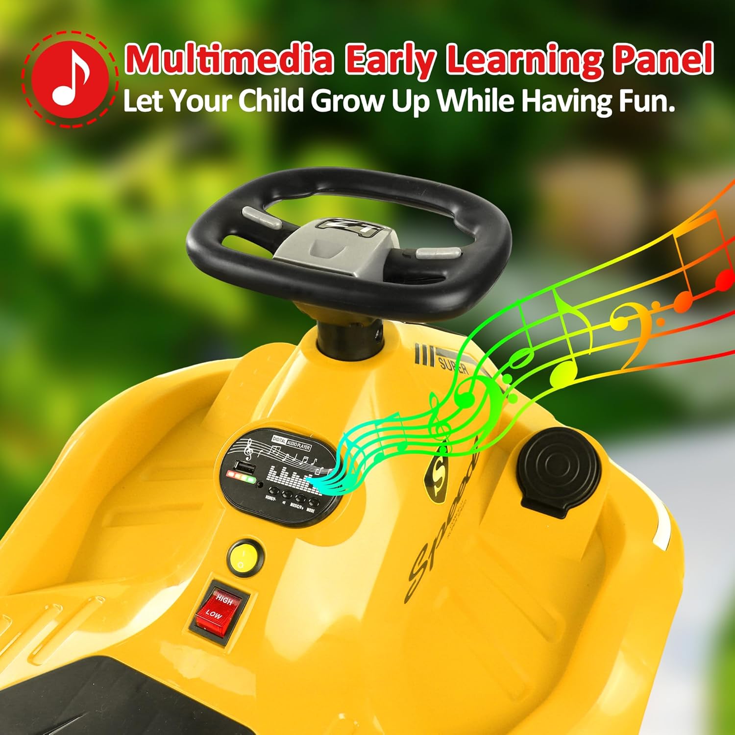 Electric Wiggle Car, 12V Kids Ride On Toys for Ages 3 and Up, Racing Toy 360° Spin with Anti-Rollover, LED Lights, 2 Speeds, 120 LBS. Yellow.