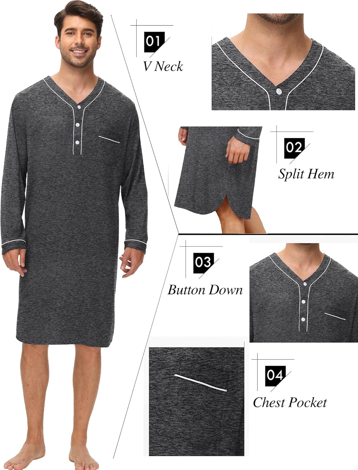 SWOMOG Men's Nightshirt Long Sleeve Nightgown Soft Loose Sleepwear Lightweight Nightwear Comfy Henley Sleep Shirt M-3XL - Image 7