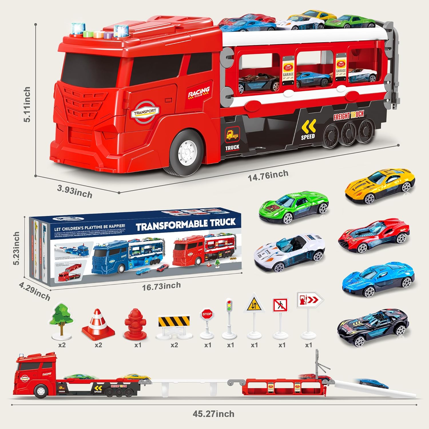 Toddler Toys for 3+ Years Old Boys,Transport Car Carrier Truck -with 6 Cars,Race Track Playset with Lights Sounds,Kids Gifts(Red)